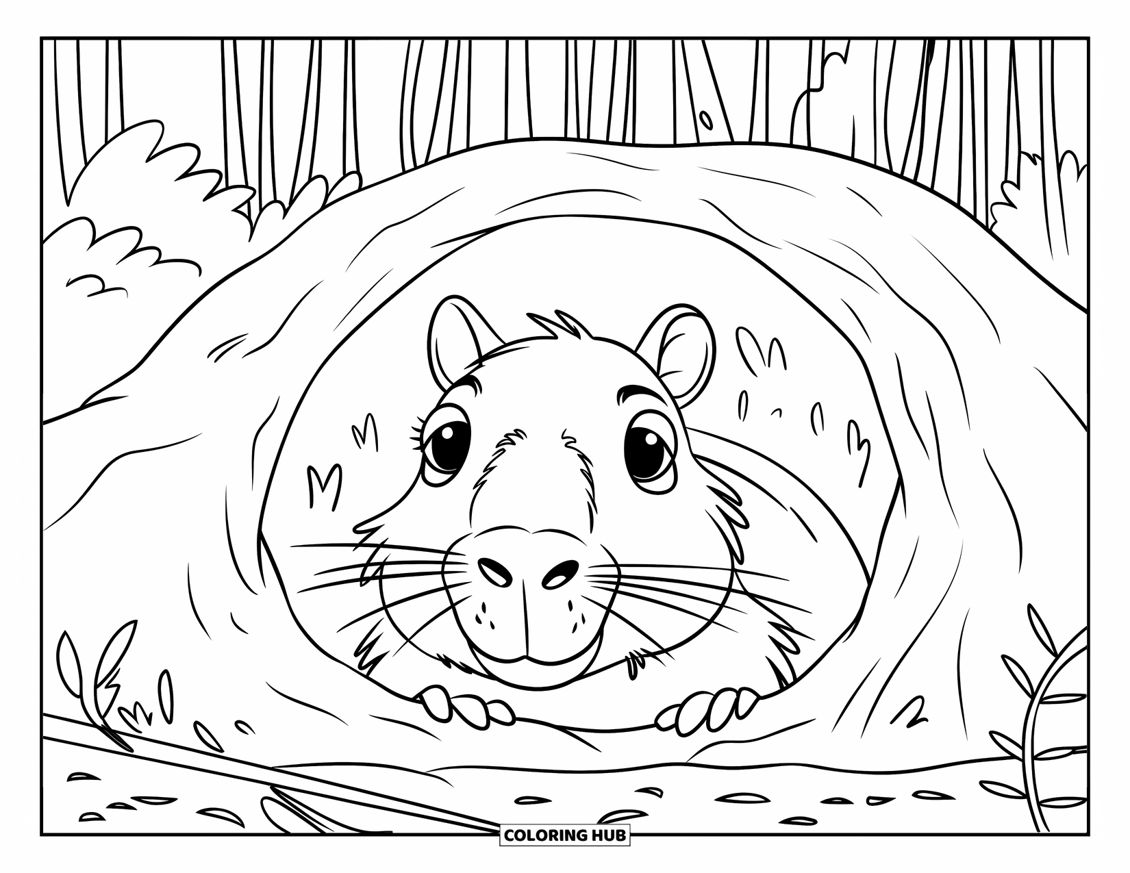 Capybara Coloring Page for Kids: Capybara peeks out from a cozy forest burrow with wide, curious eyes