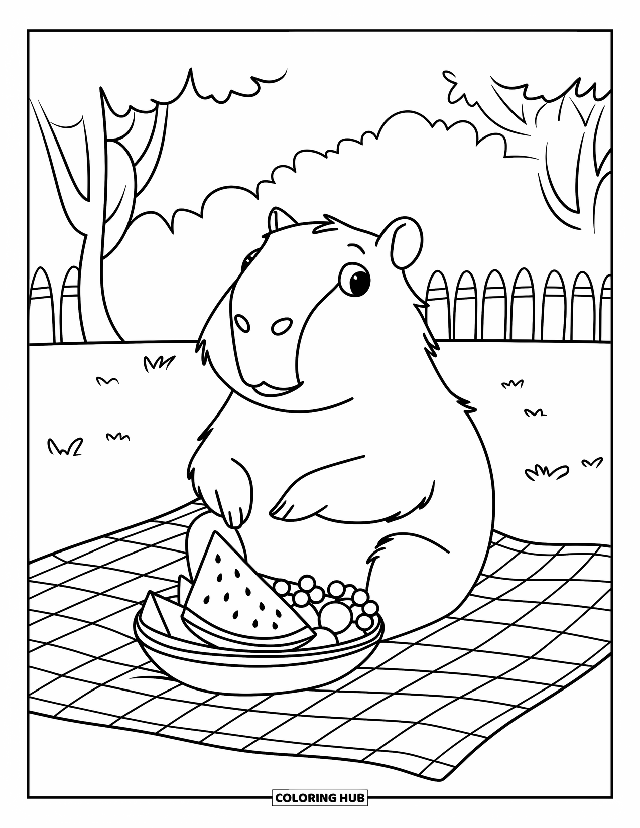 Capybara Coloring Page for Kids: Capybara picnics on a blanket with fruits, trees, and a nearby fence