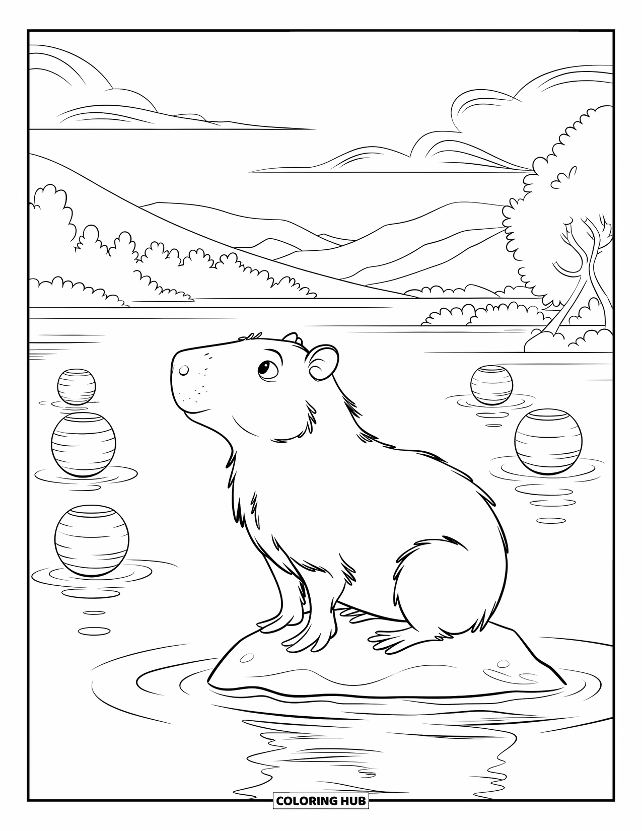 Capybara Coloring Page for Kids: Capybara quietly sits on a rock, admiring lanterns on a peaceful lake