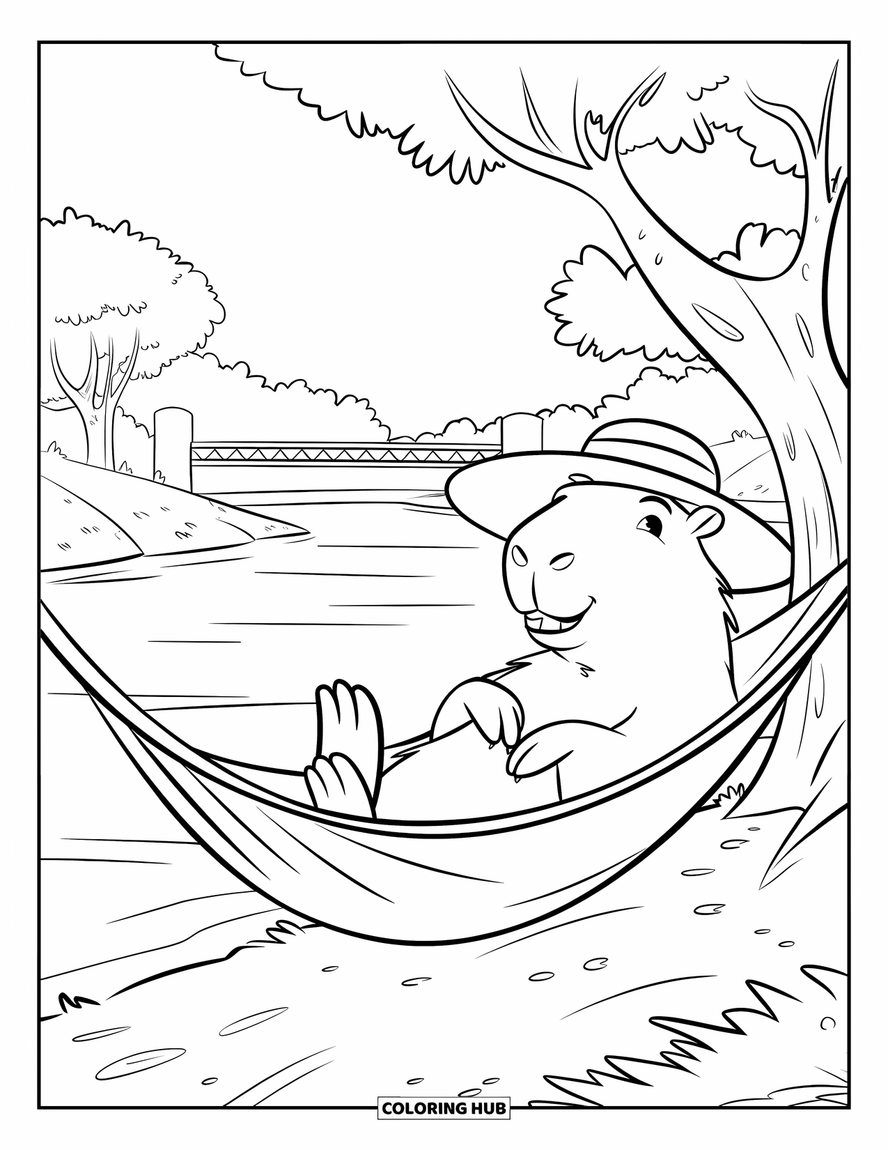 Capybara Coloring Page for Kids: Capybara relaxes in a hammock by the river under a clear, calm sky