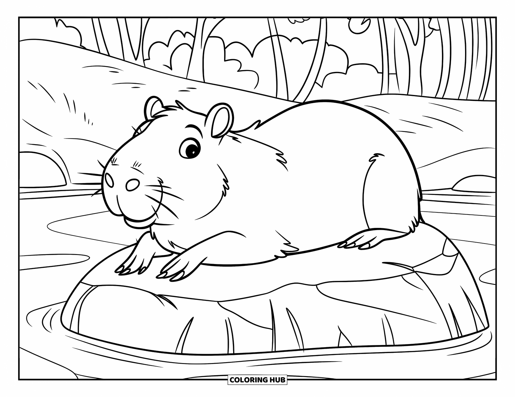 Capybara Coloring Page for Kids: Capybara relaxes on a warm rock near a river with trees behind