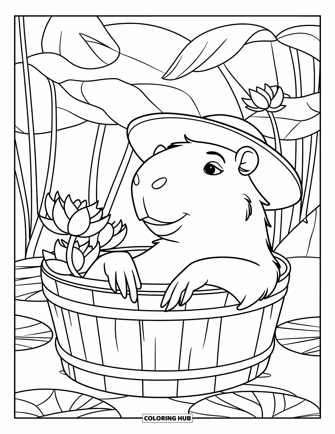 Capybara Coloring Page for Kids: Capybara rests in a wooden tub filled with lotus flowers near tall grasses