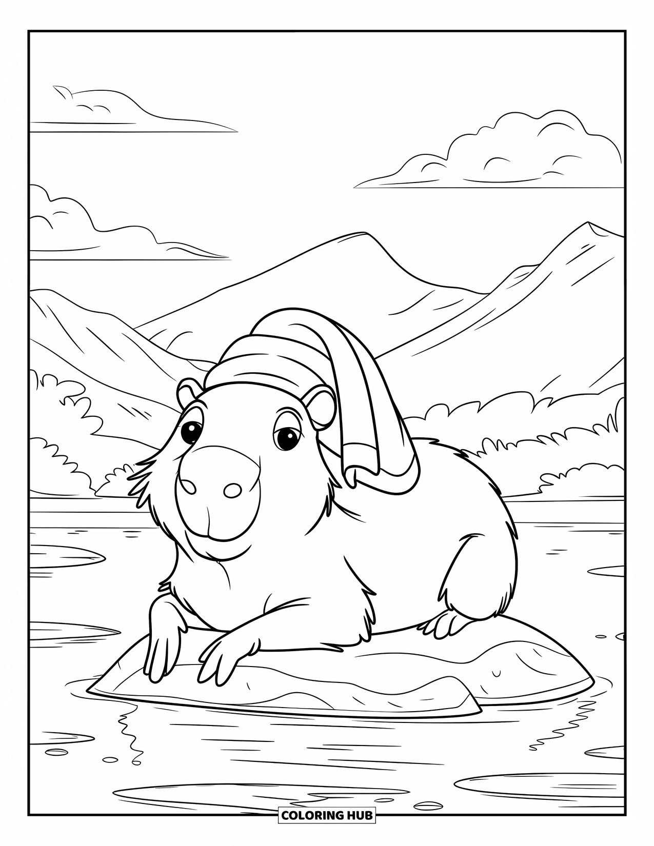 Capybara Coloring Page for Kids: Capybara rests on a lake rock, wrapped in a towel with calm skies above