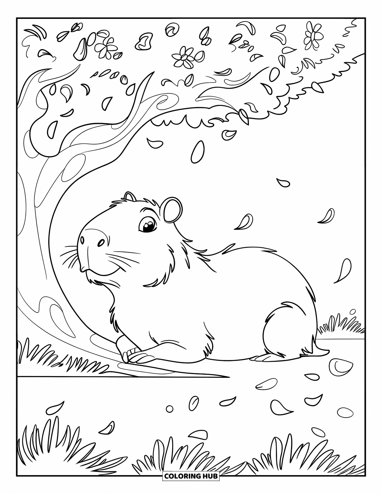 Capybara Coloring Page for Kids: Capybara rests under a tree as flower petals gently fall