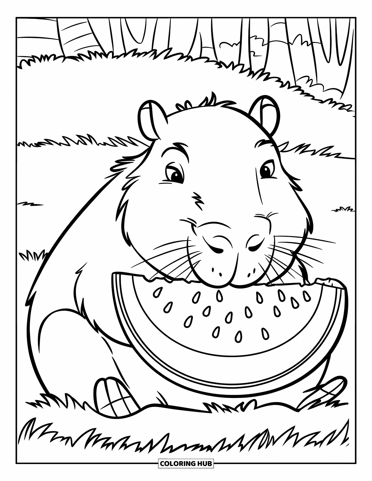 Capybara Coloring Page for Kids: Capybara sits in a field enjoying juicy watermelon with trees in the distance