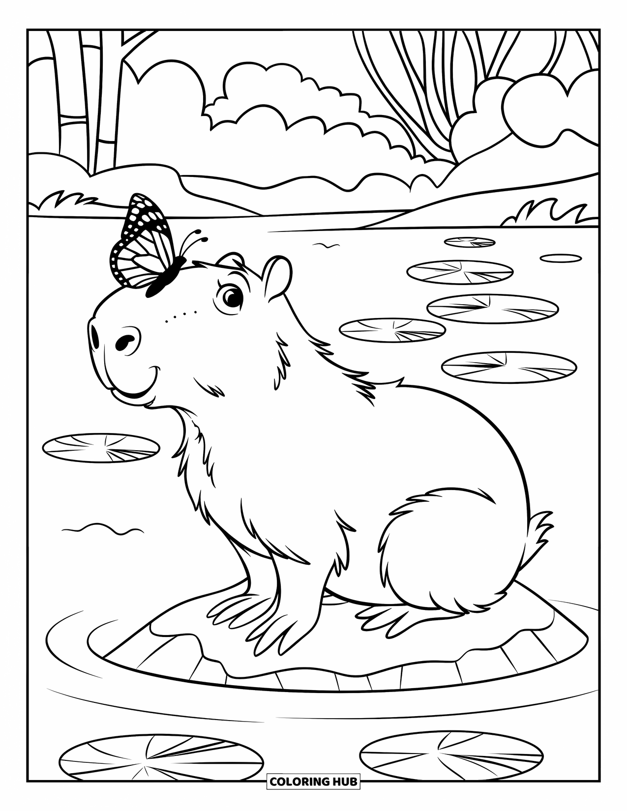 Capybara Coloring Page for Kids: Capybara sits on a rock with a butterfly resting on its nose