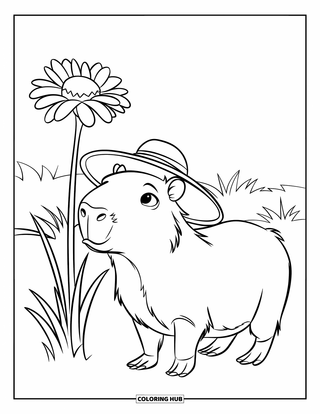 Capybara Coloring Page for Kids: Capybara stands beside a tall flower in a sunny green field