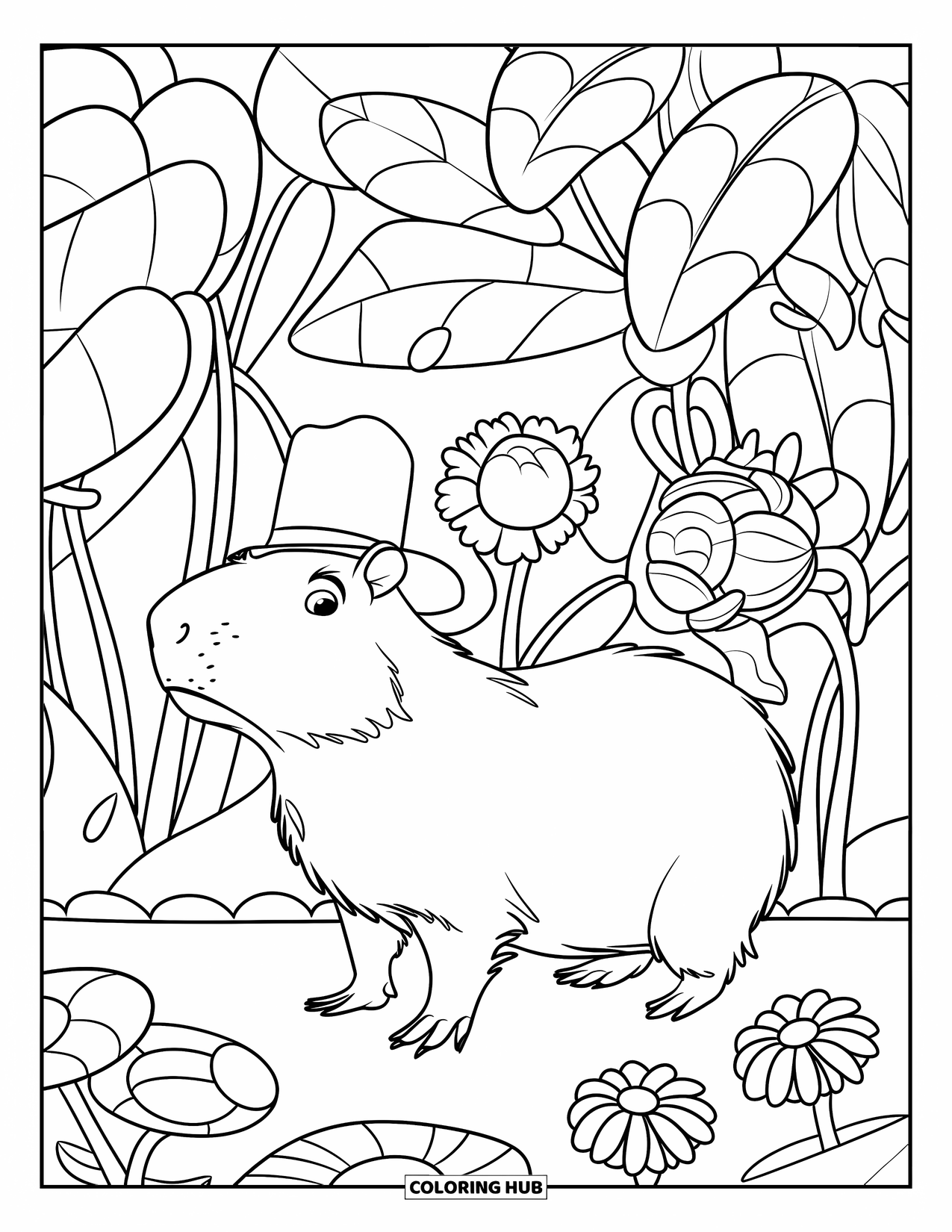 Capybara Coloring Page for Kids: Capybara stands in a flower garden with bold patterns and a hat