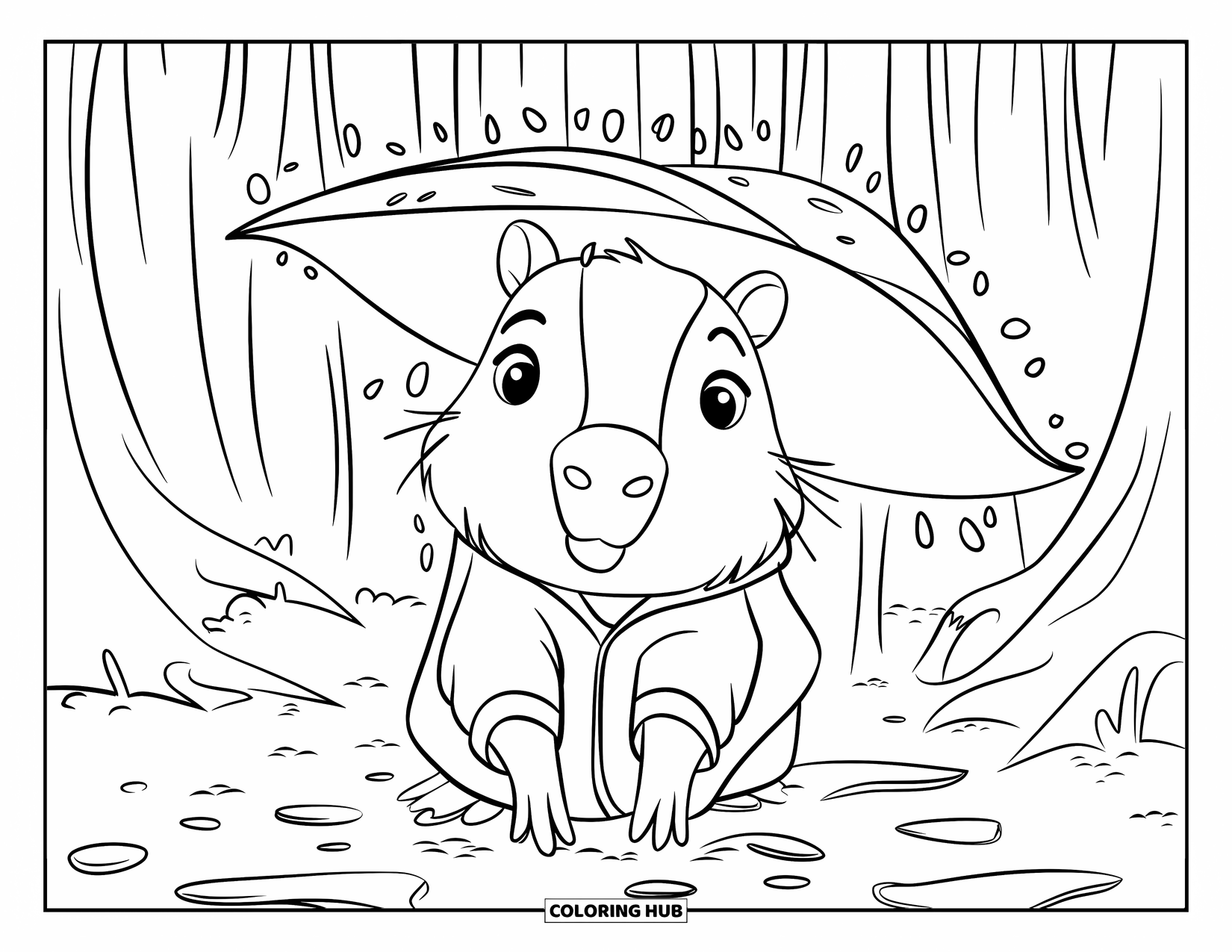 Capybara Coloring Page for Kids: Capybara stays dry under a leaf during a soft rain in the woods
