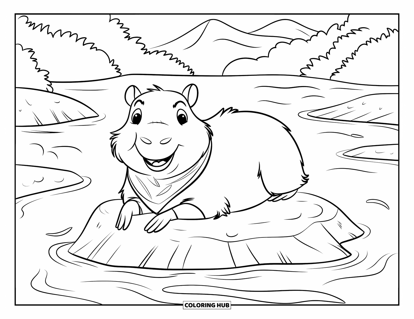 Capybara Coloring Page for Kids: Capybara with a scarf smiles on a river rock surrounded by nature