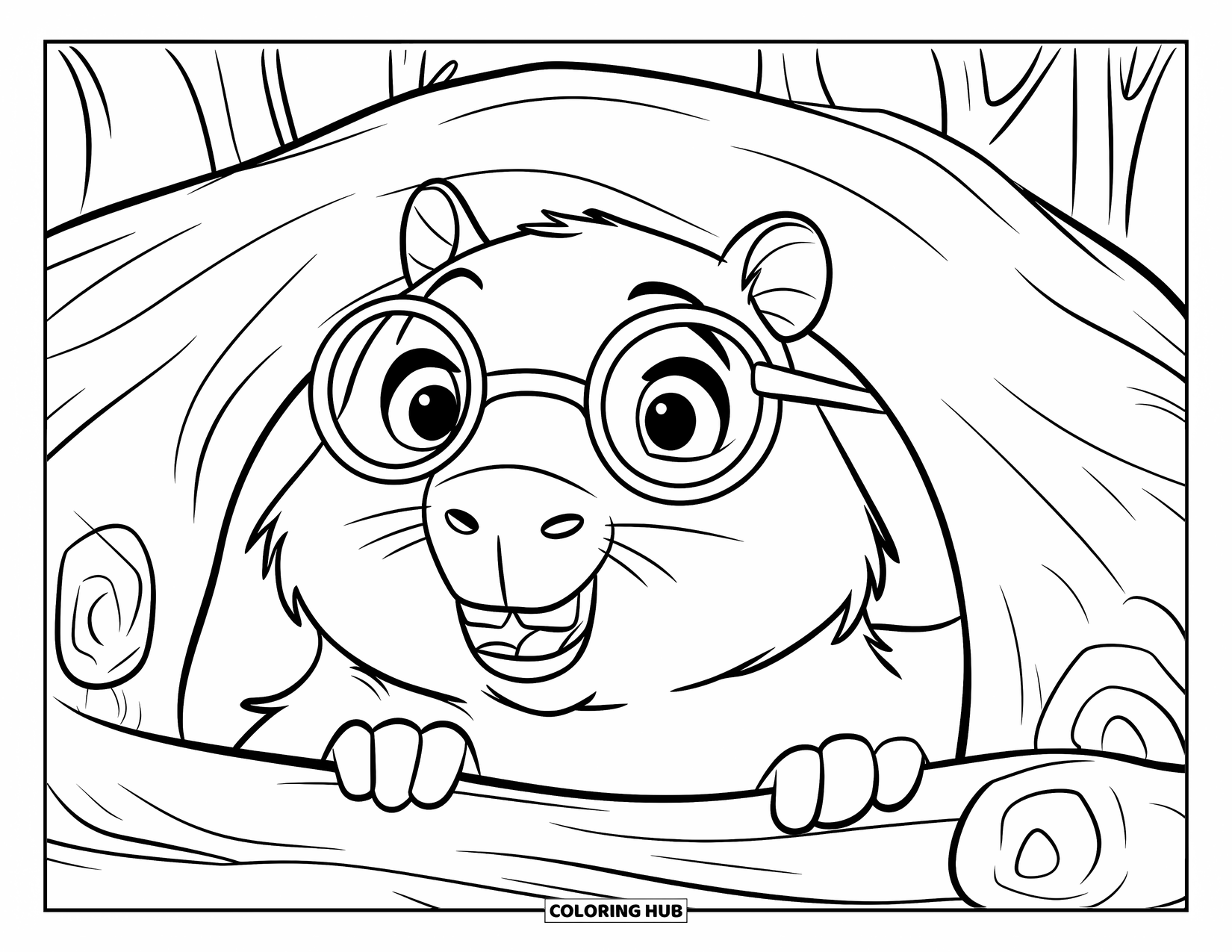 Capybara Coloring Page for Kids: Capybara with glasses peeks from a log burrow beneath tall forest trees