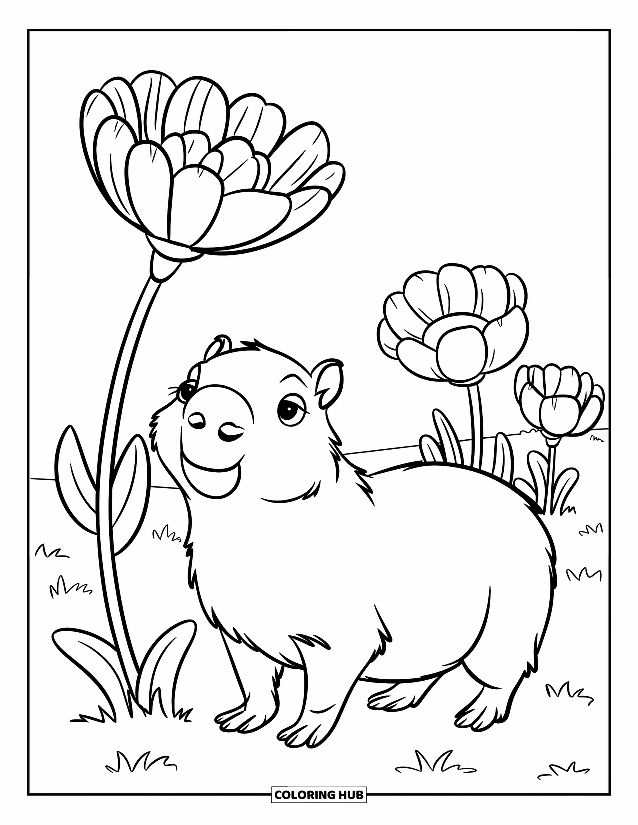 Capybara Coloring Page for Kids: Cheerful capybara stands near a tall flower in a grassy field