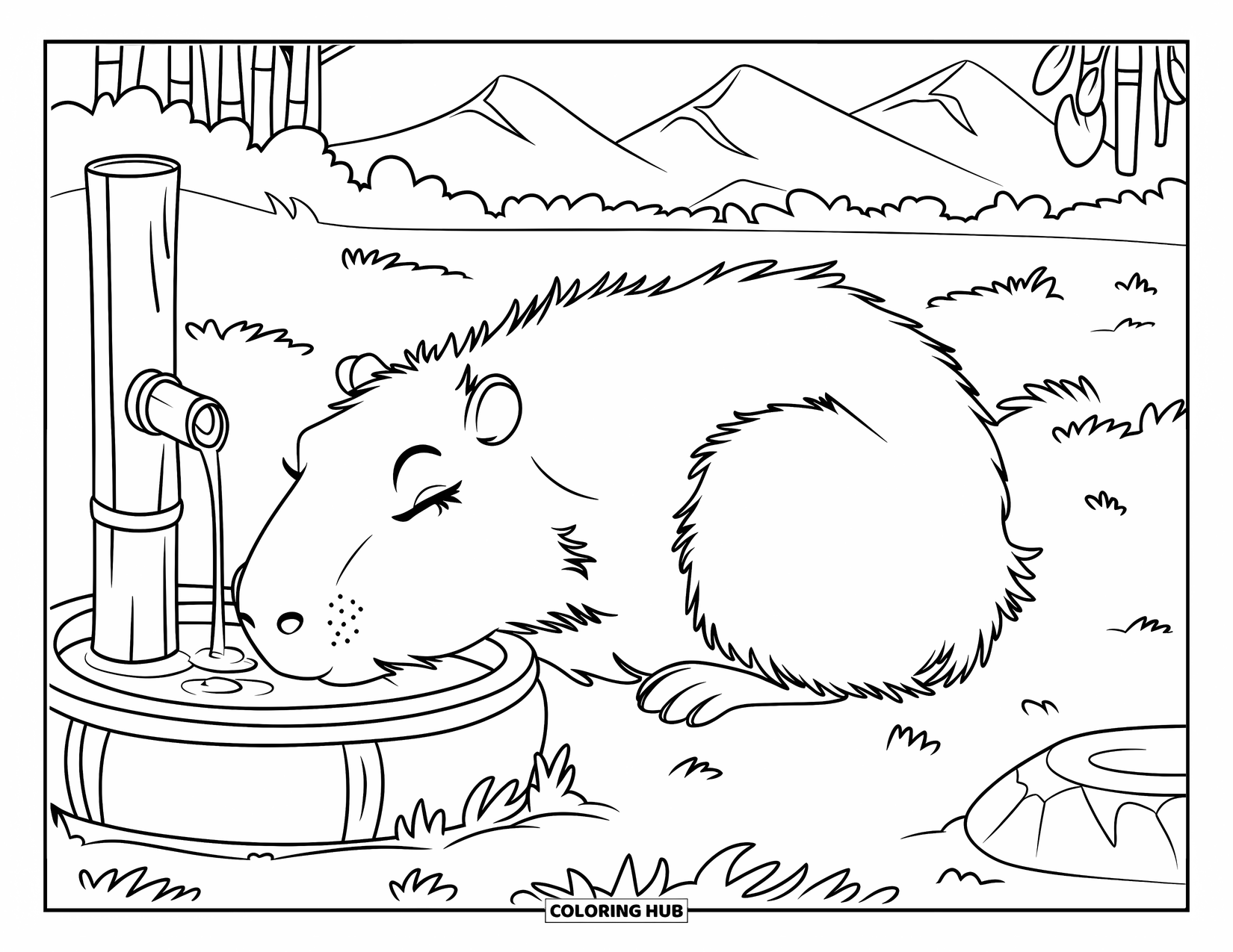 Capybara Coloring Page for Kids: Curled-up capybara naps near a bamboo fountain in a quiet mountain setting