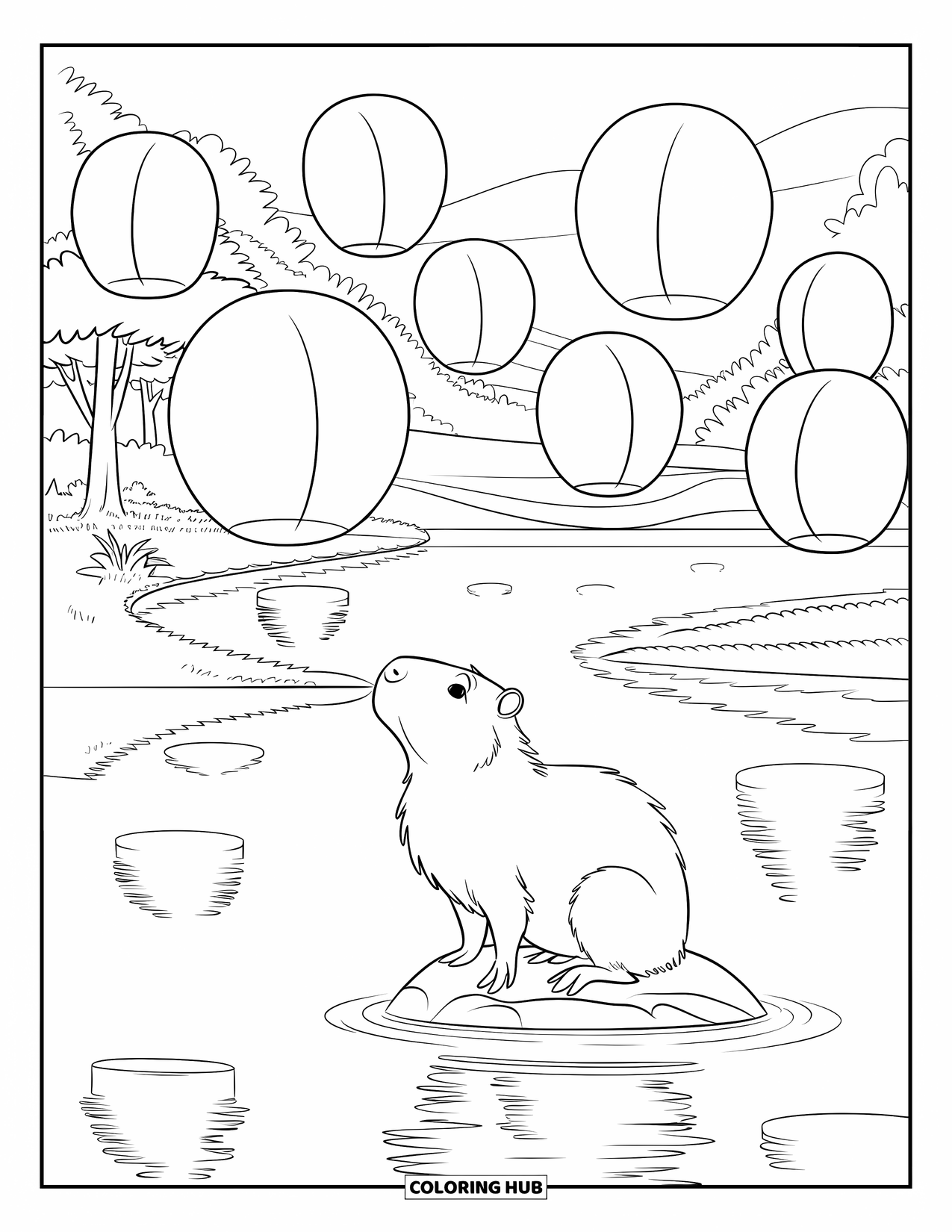 Capybara Coloring Page for Kids: Lanterns float as a capybara watches quietly from a lake rock