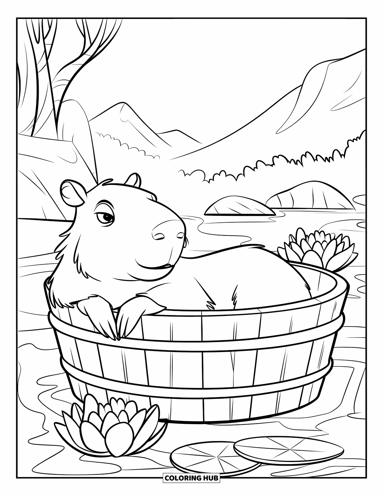 Capybara Coloring Page for Kids: Peaceful capybara soaks in a lotus tub near trees and mountains