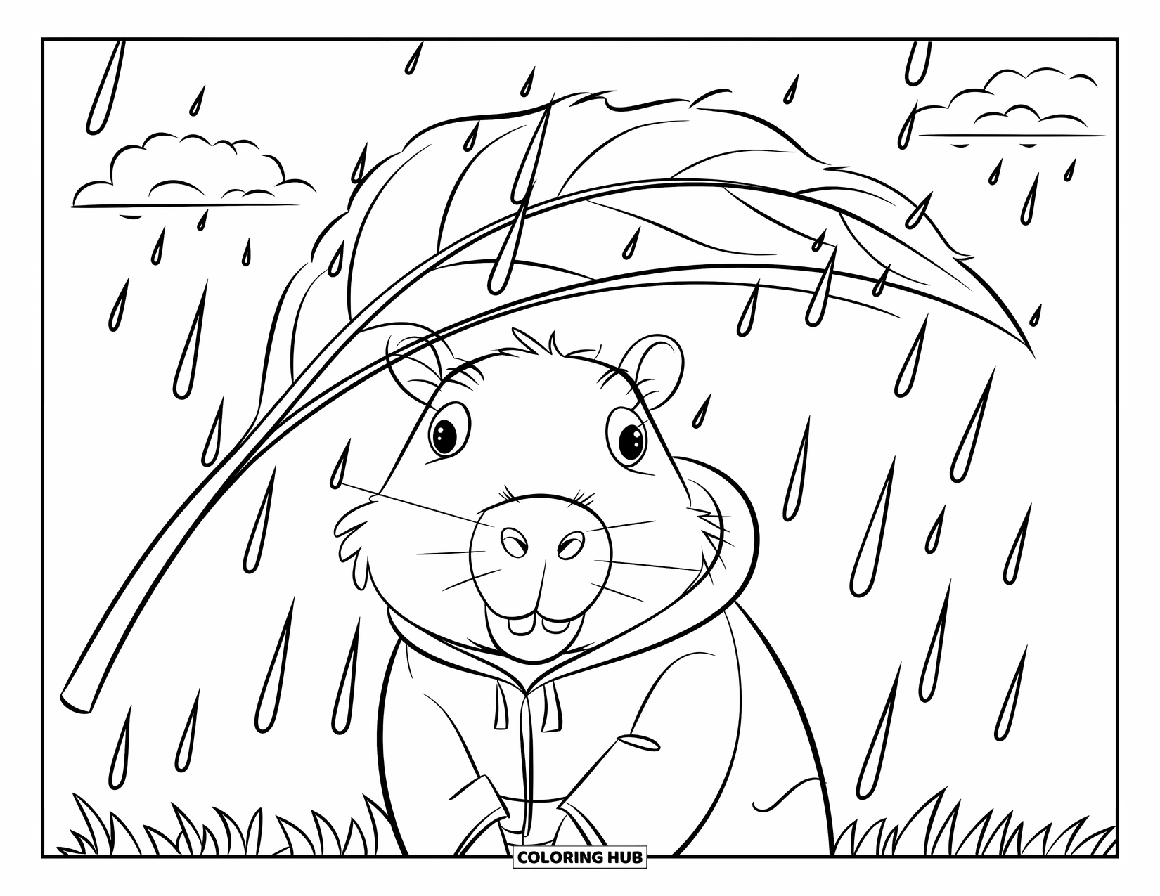Capybara Coloring Page for Kids: Raincoat capybara hides under a leaf as raindrops fall around