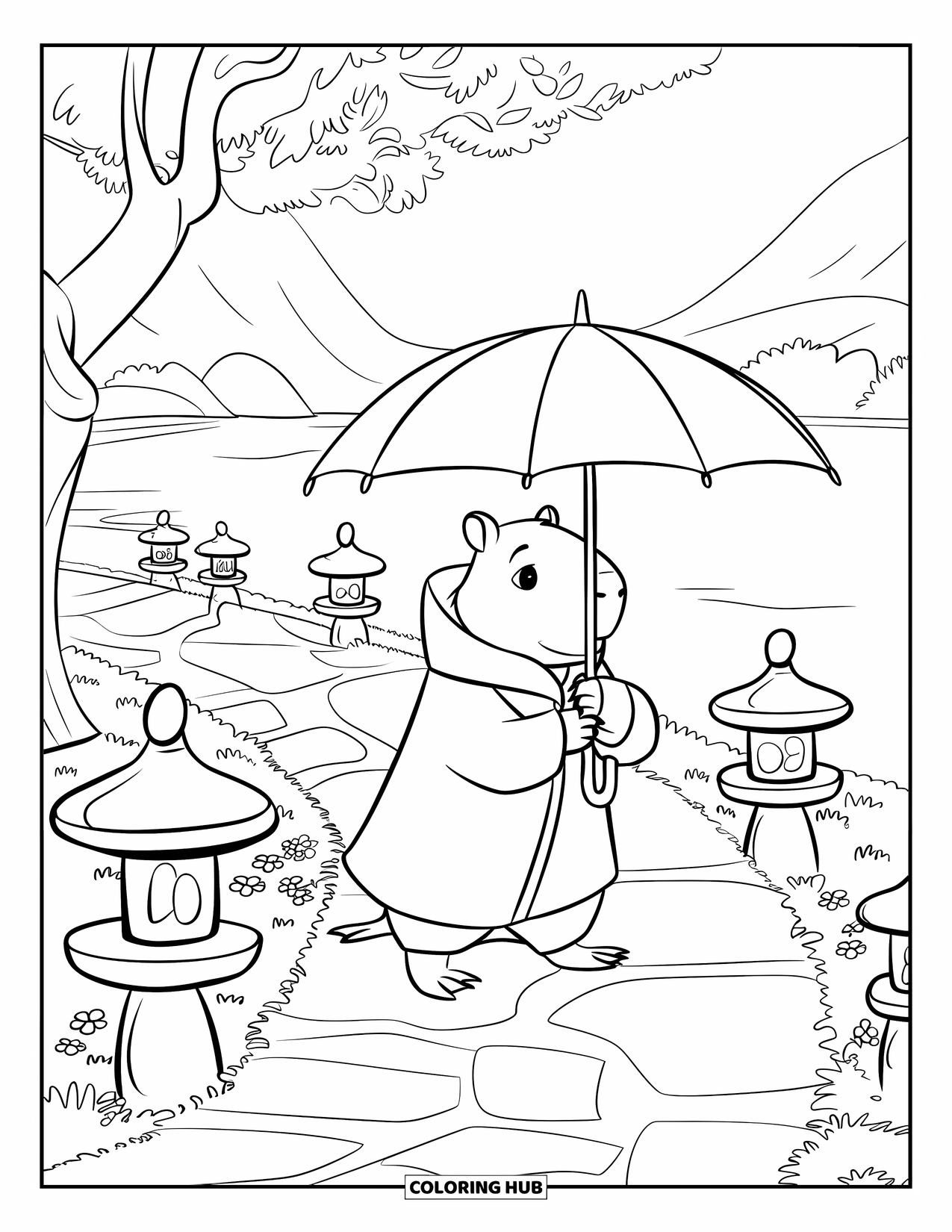 Capybara Coloring Page for Kids: Raincoat-wearing capybara walks along a garden path with flowers and lanterns