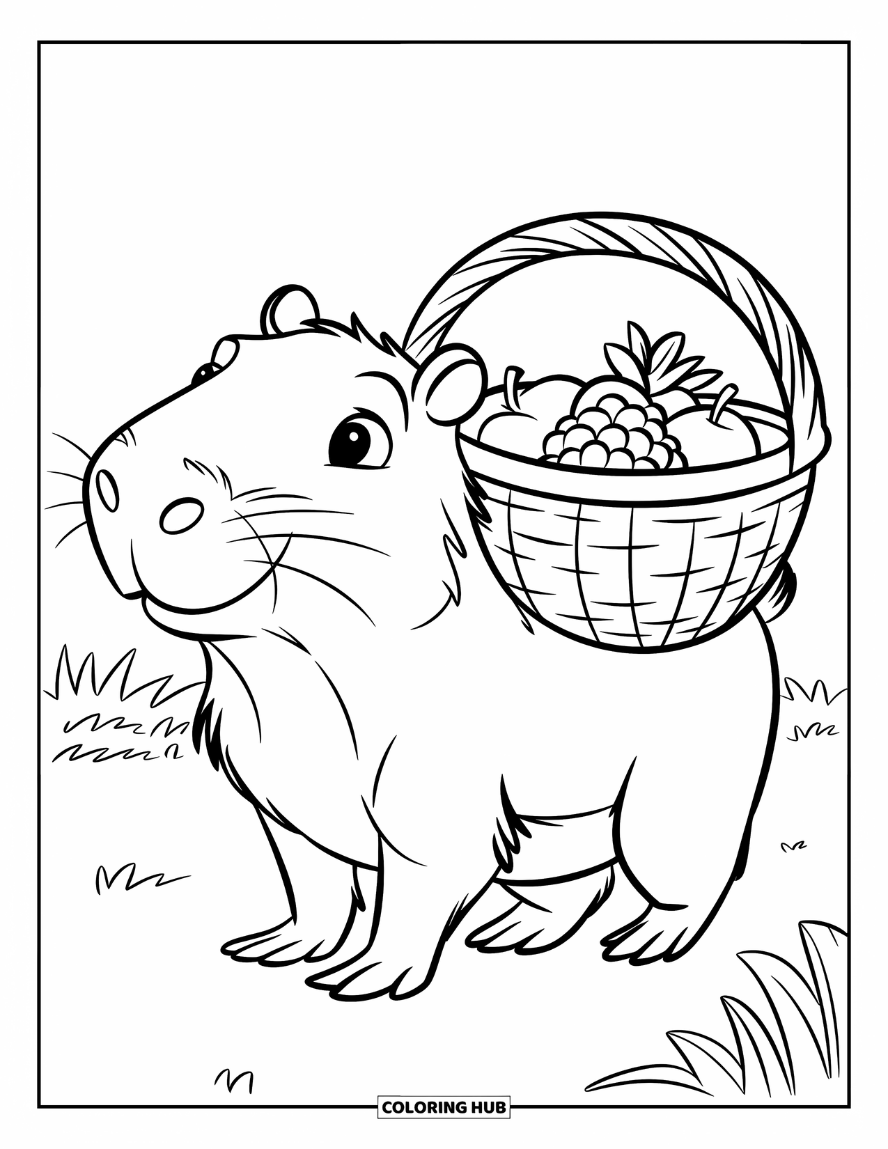 Capybara Coloring Page for Kids: Smiling capybara strolls through a grassy field with a basket of fruits