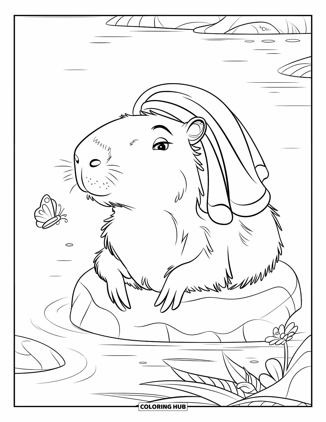 Capybara Coloring Page for Kids: Towel-wrapped capybara relaxes on a rock with butterflies and flowers nearby