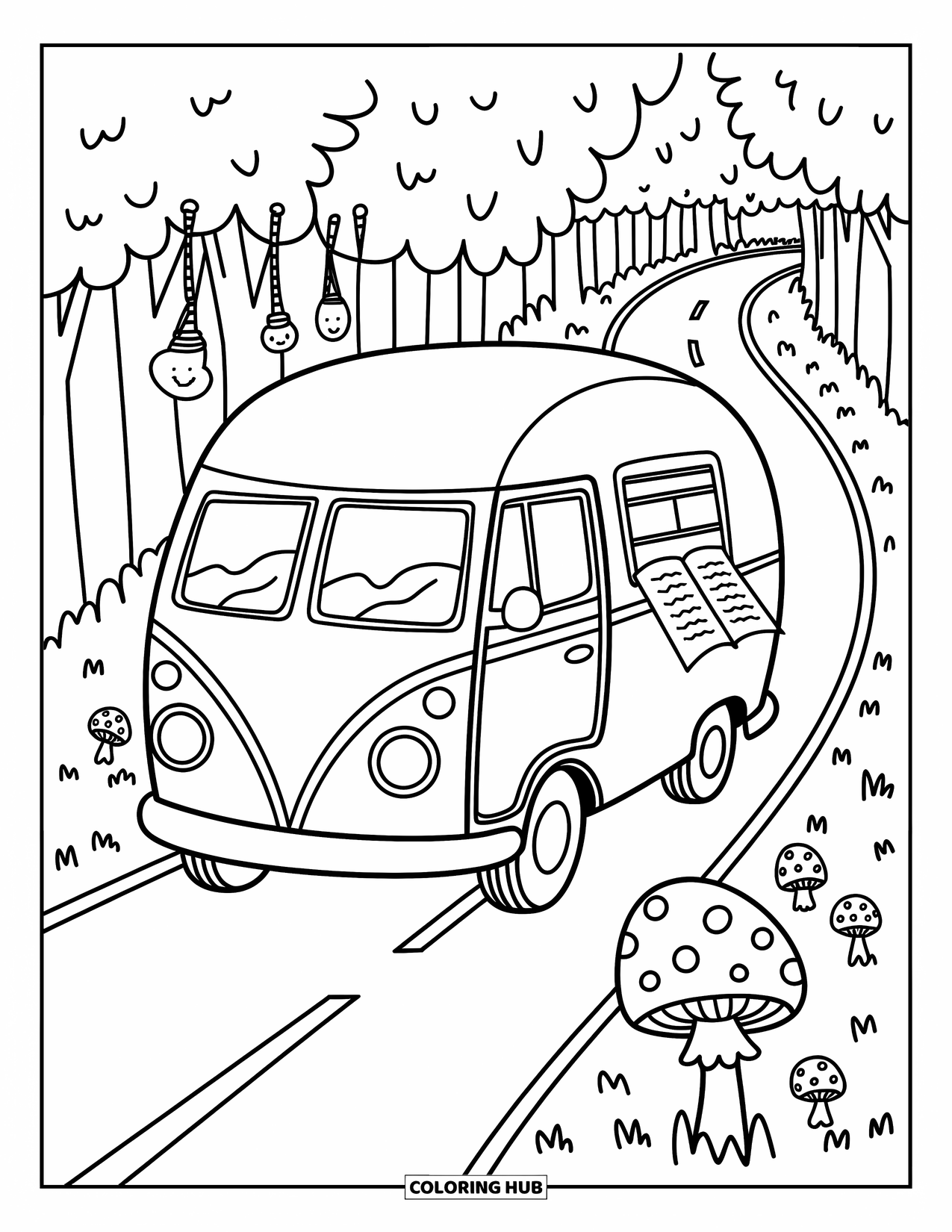 Car Coloring Page for Adults: A camper van cruises through a forest trail with hanging charms and a map in the window