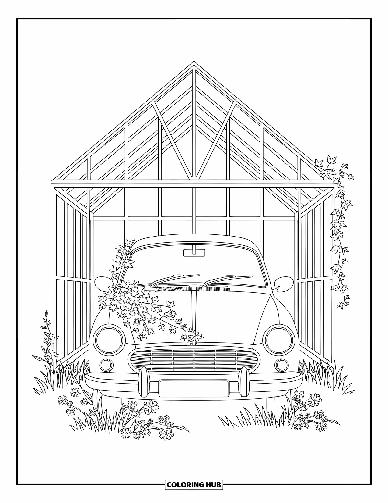 Car Coloring Page for Adults: A car covered in ivy and wildflowers inside an abandoned greenhouse