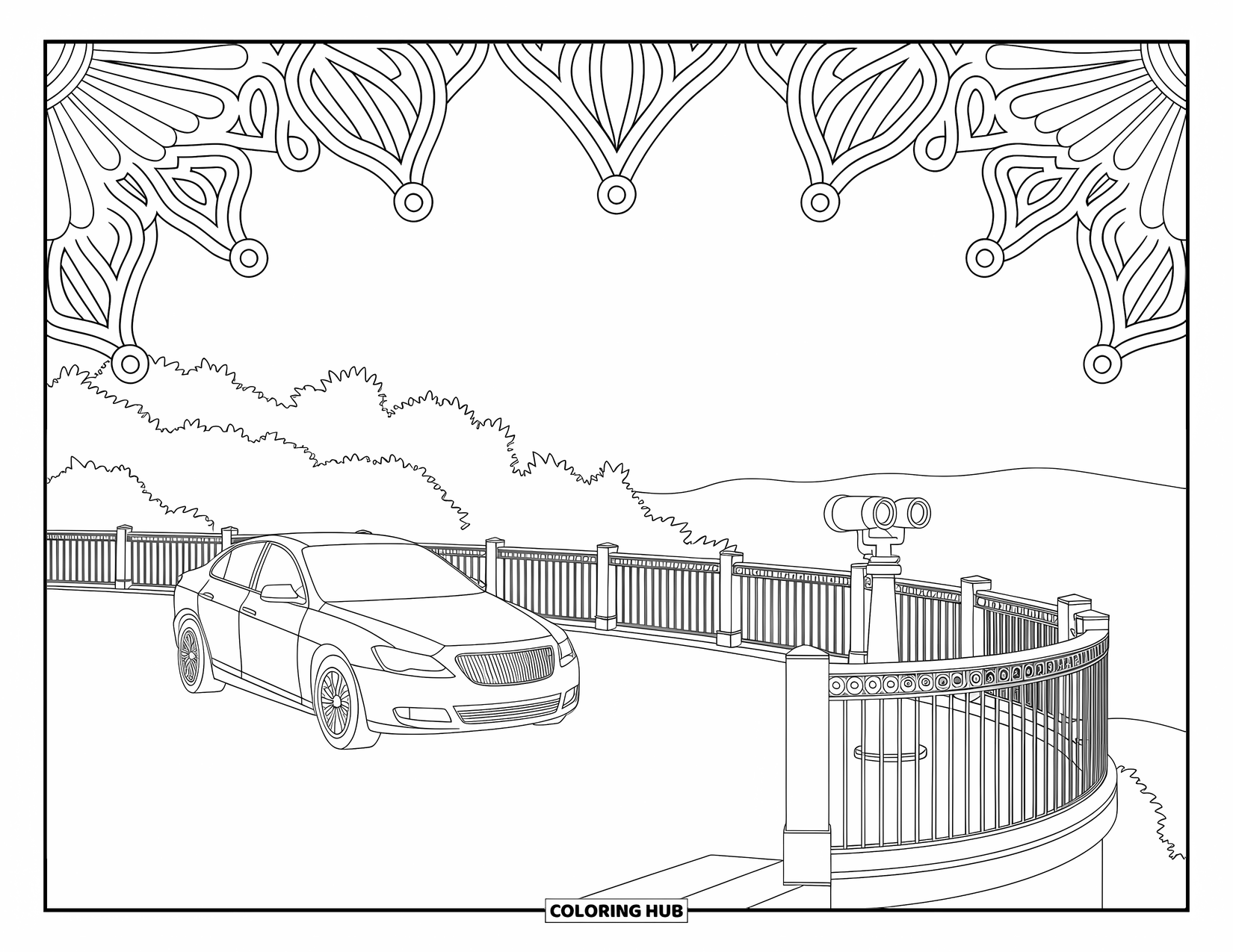 Car Coloring Page for Adults: A car parked near a scenic viewpoint deck with detailed artistic surroundings