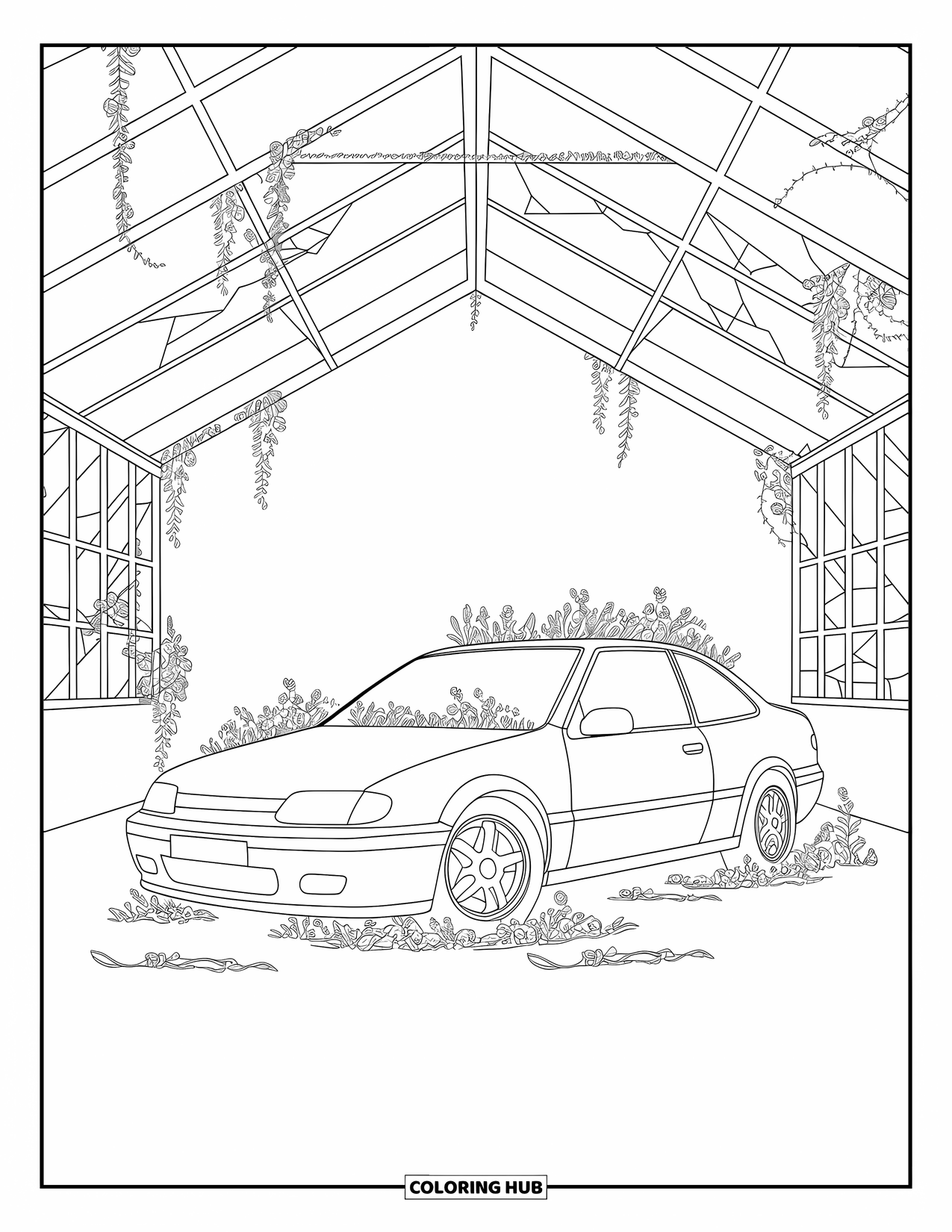 Car Coloring Page for Adults: A car wrapped in vines and flowers rests inside a weathered greenhouse