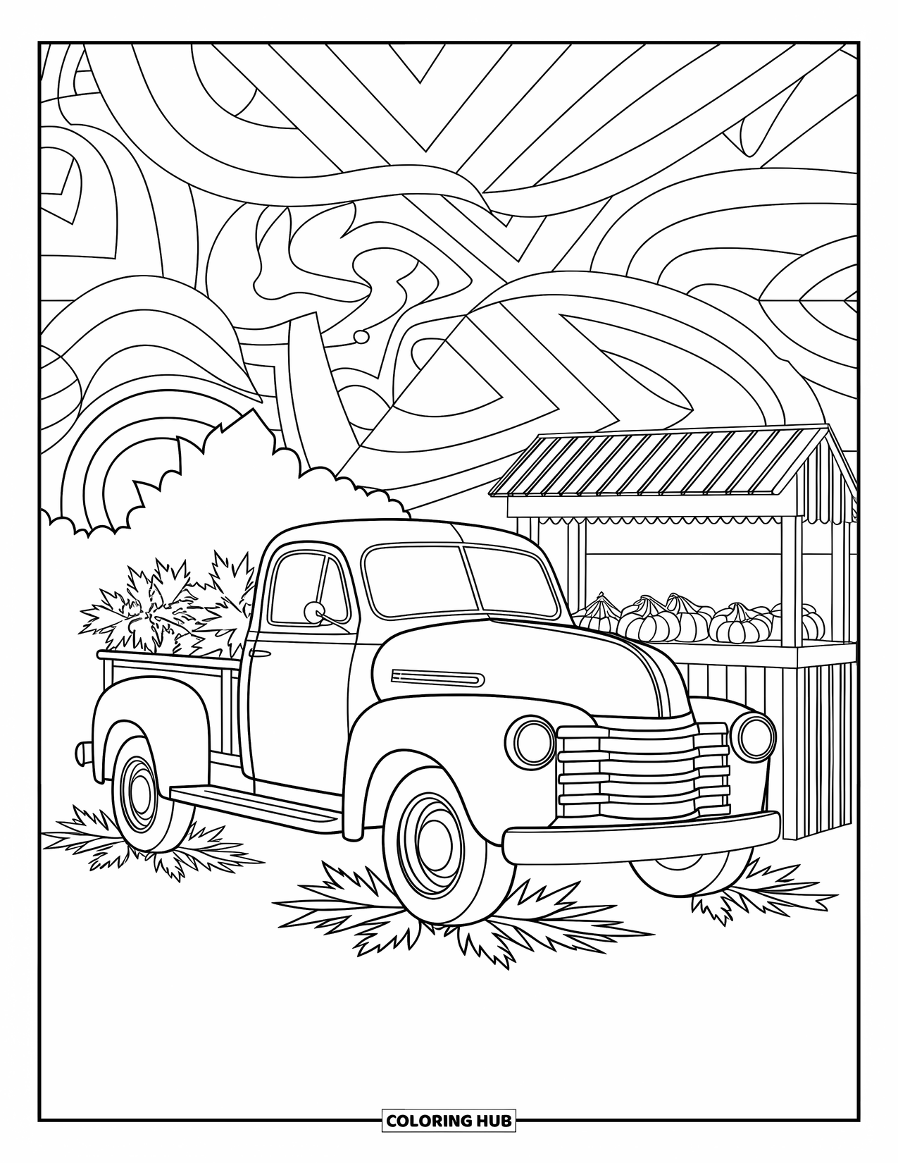 Car Coloring Page for Adults: A charming pickup truck parked by fall leaves and a rustic wooden stand