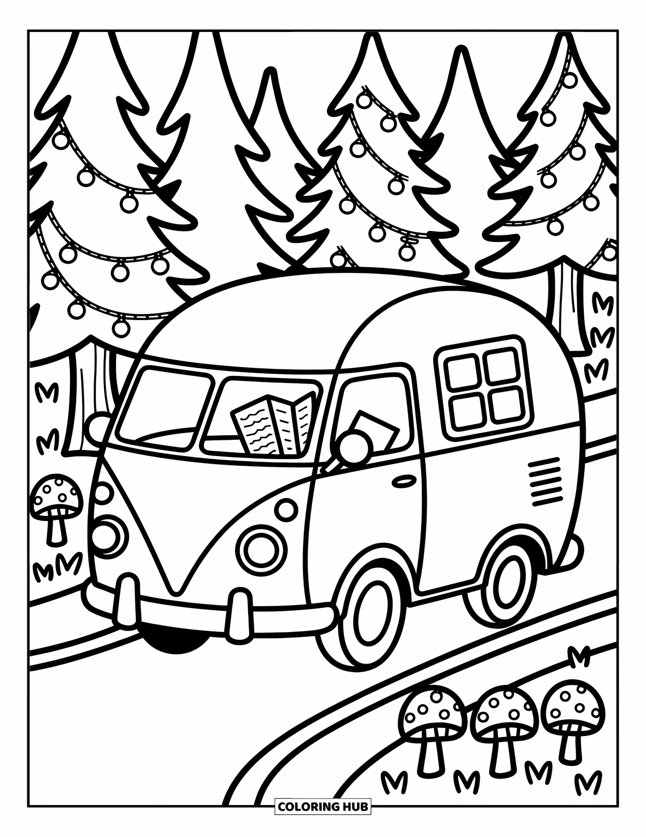 Car Coloring Page for Adults: A cheerful camper van drives through a forest with mushrooms and a playful map detail