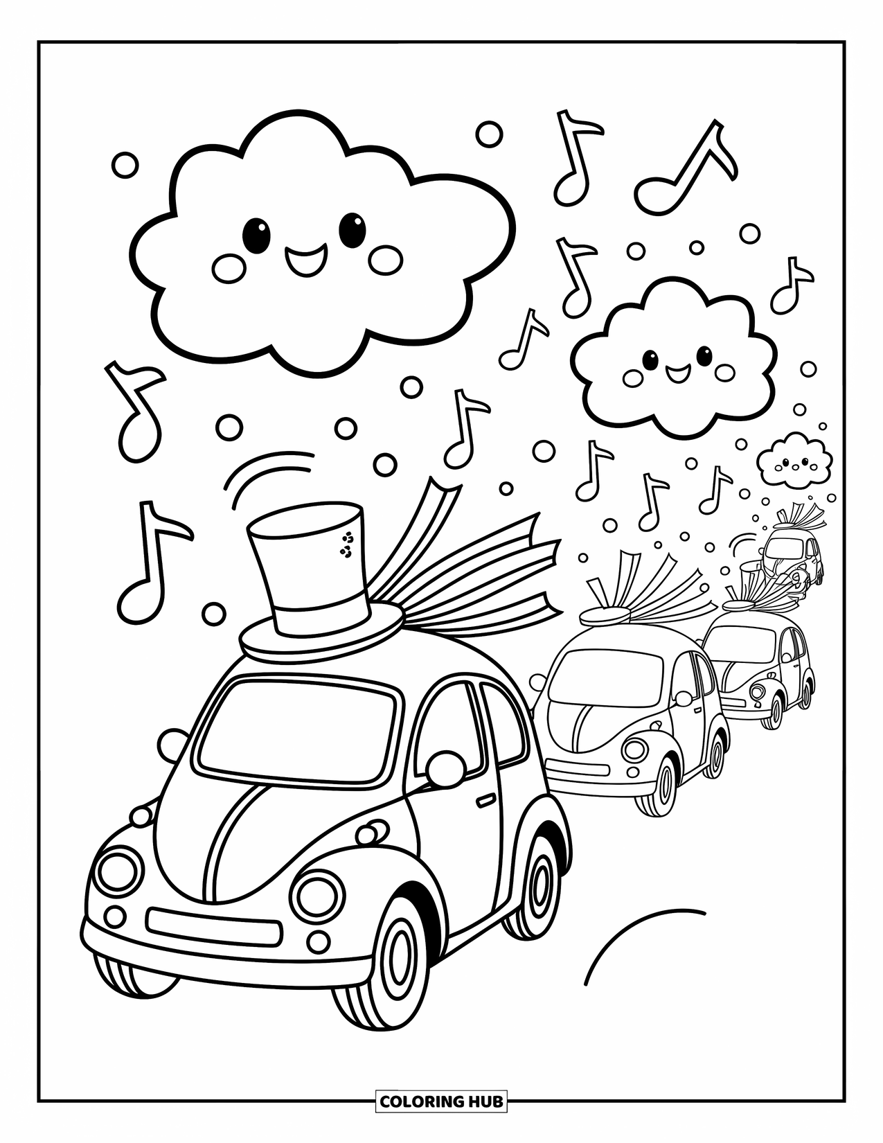 Car Coloring Page for Adults: A cheerful car with a top hat leads a fun parade under music-note shaped clouds