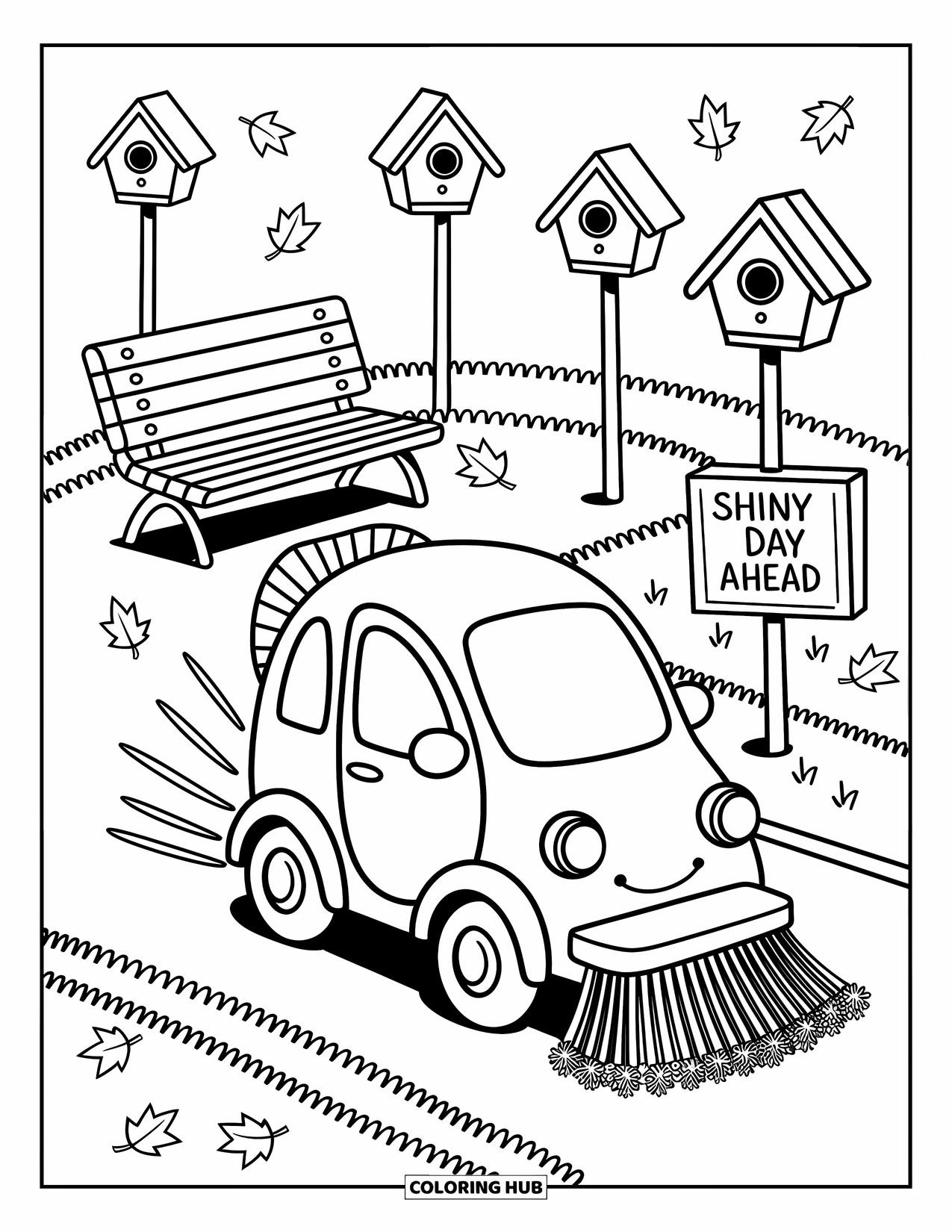 Car Coloring Page for Adults: A cheerful cleaning car tidies a leafy path beside birdhouses and a ìShiny Dayî sign
