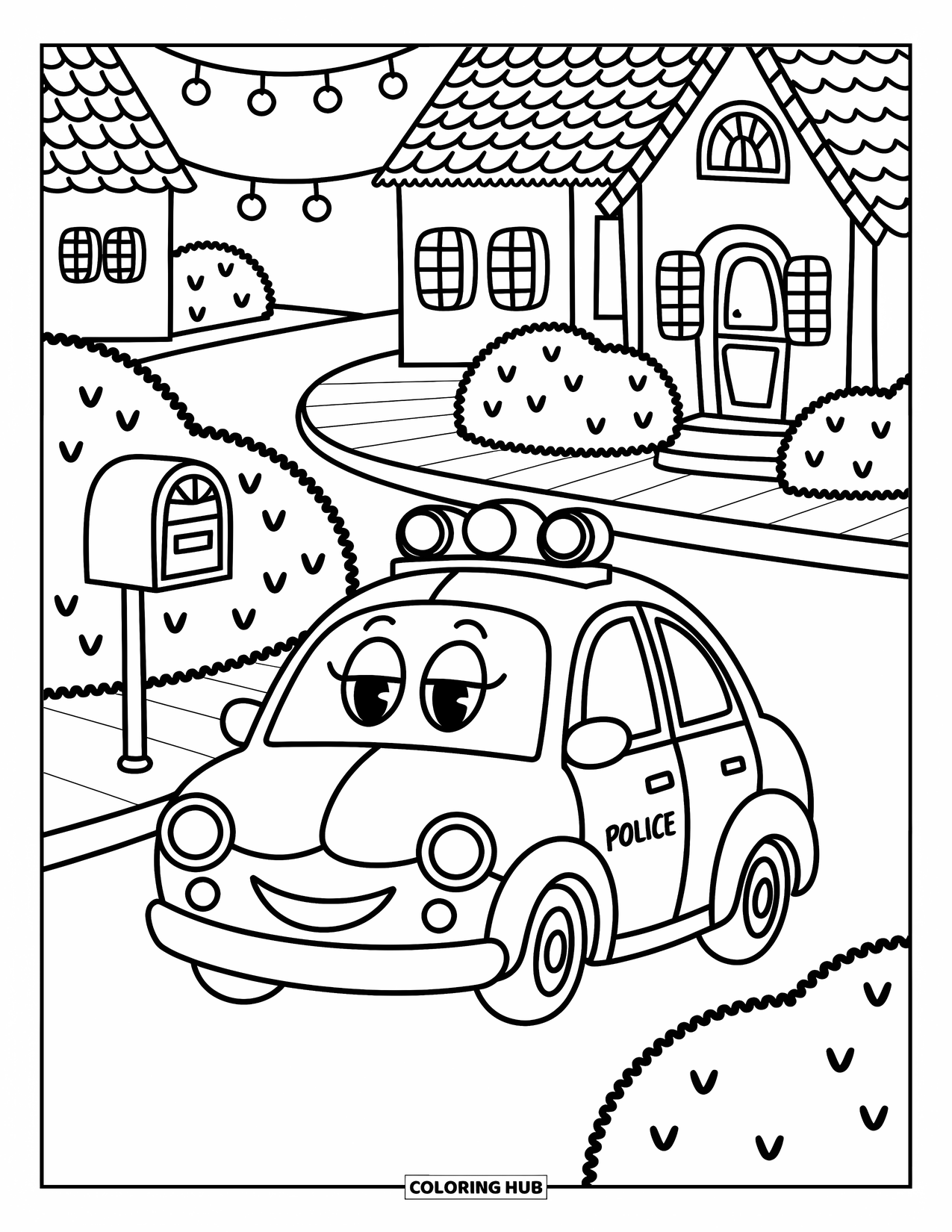 Car Coloring Page for Adults: A cheerful police car rolls past cozy homes, twinkling lanterns, and playful neighborhood details