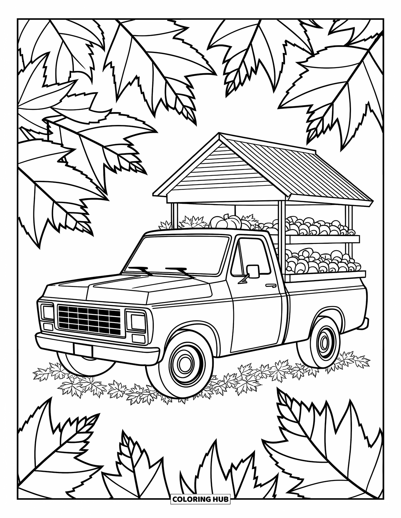 Car Coloring Page for Adults: A classic pickup truck sits among fall leaves and a rustic produce stand