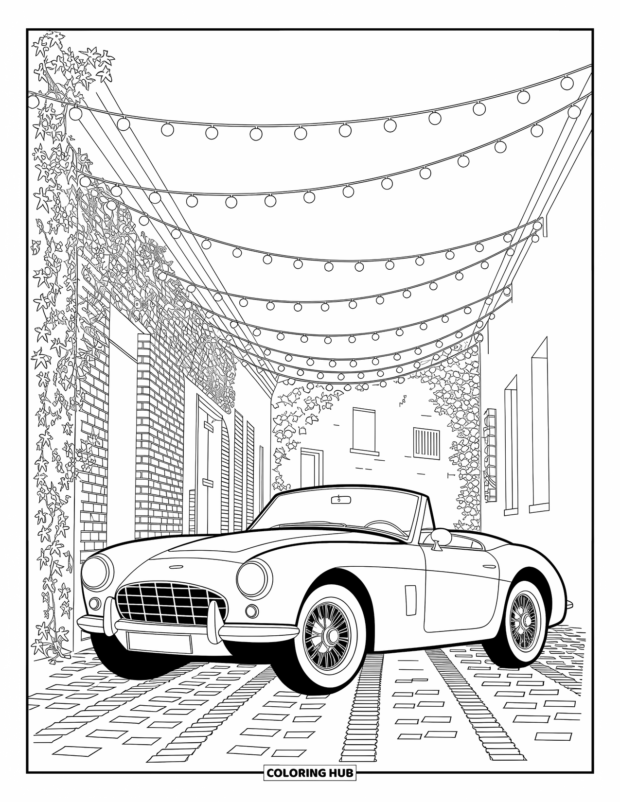 Car Coloring Page for Adults: A classic roadster parked under string lights in a quiet European alley
