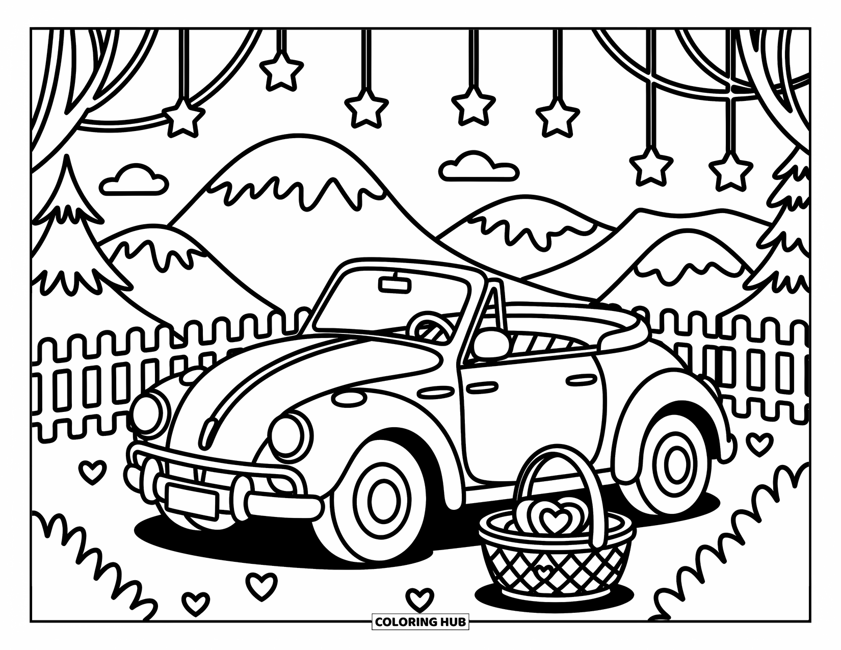 Car Coloring Page for Adults: A cozy car parks at a mountain view under stars, next to a sweet picnic basket
