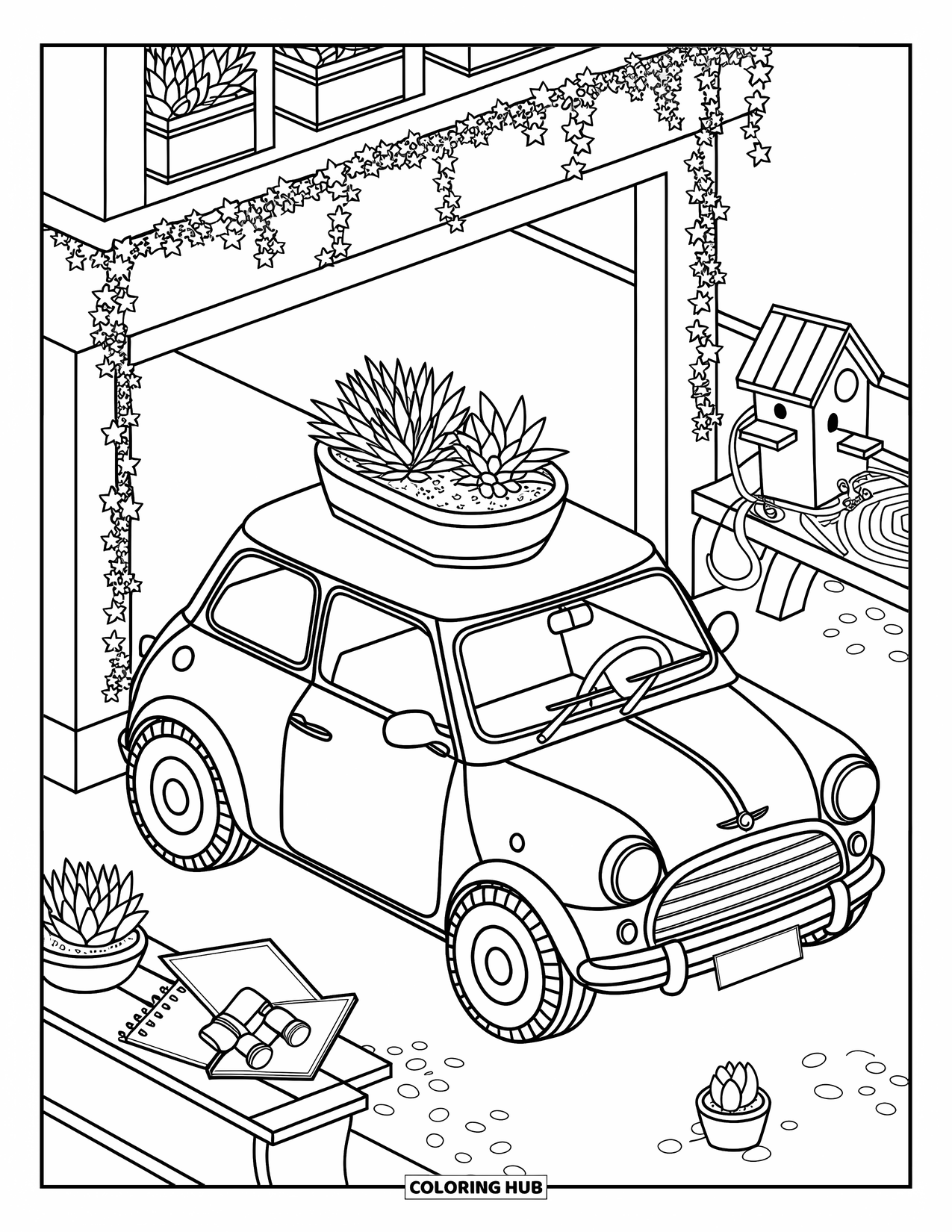 Car Coloring Page for Adults: A cozy mini car sits in a rooftop garden surrounded by plants and a cute bench