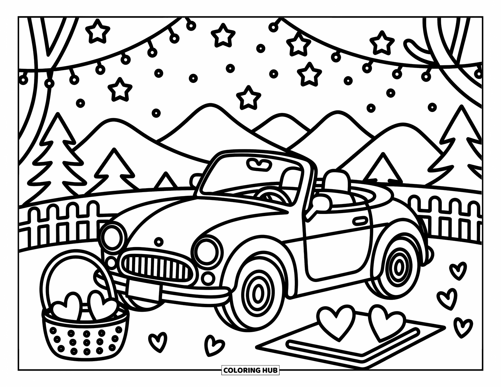 Car Coloring Page for Adults: A cute convertible parks near a mountain overlook with twinkling stars and a picnic basket