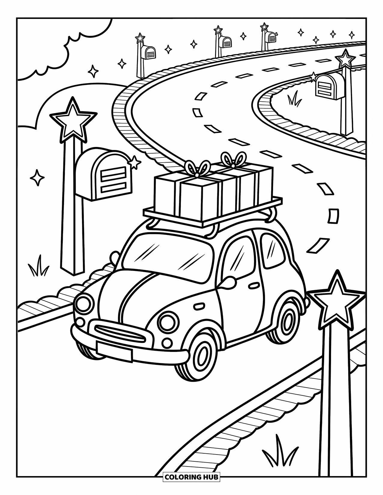 Car Coloring Page for Adults: A cute delivery car zooms down a curvy road with boxes and floating signs around it