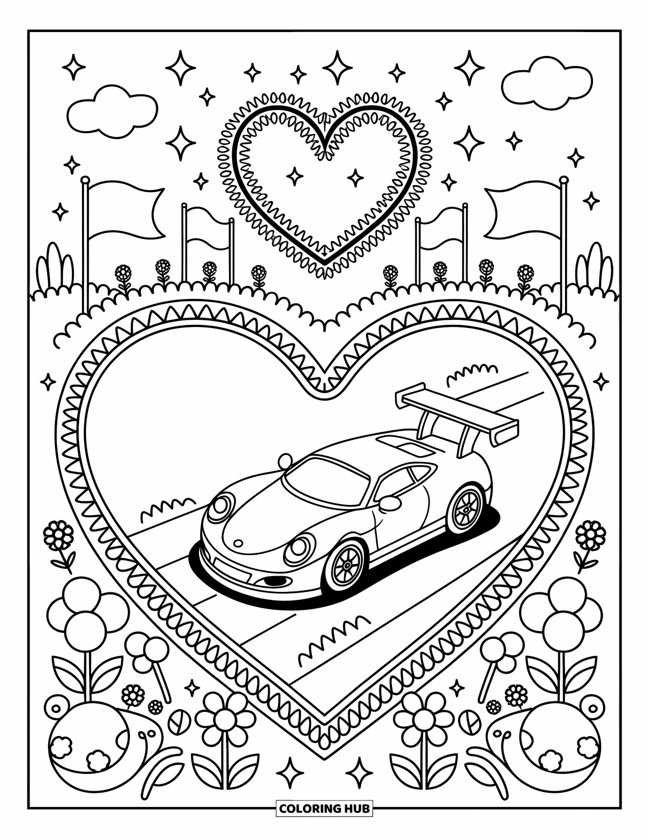 Car Coloring Page for Adults: A cute race car zooms through a heart-shaped track with flags, sparkles, and happy critters