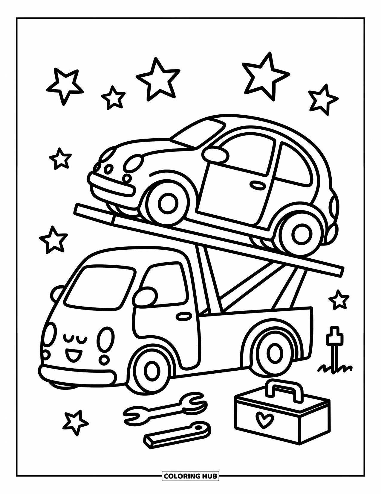 Car Coloring Page for Adults: A cute tow truck lifts a sleepy car beside sparkles, signs, and a heart-shaped toolbox