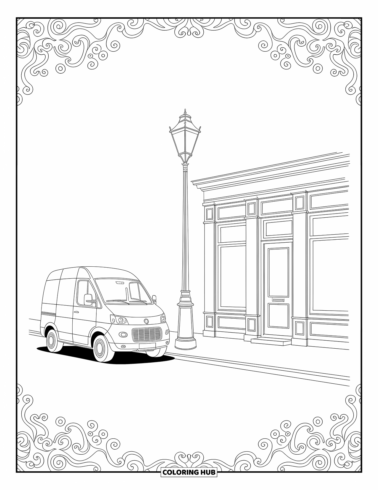 Car Coloring Page for Adults: A delivery car stands by a charming bookshop and a classic lamppost
