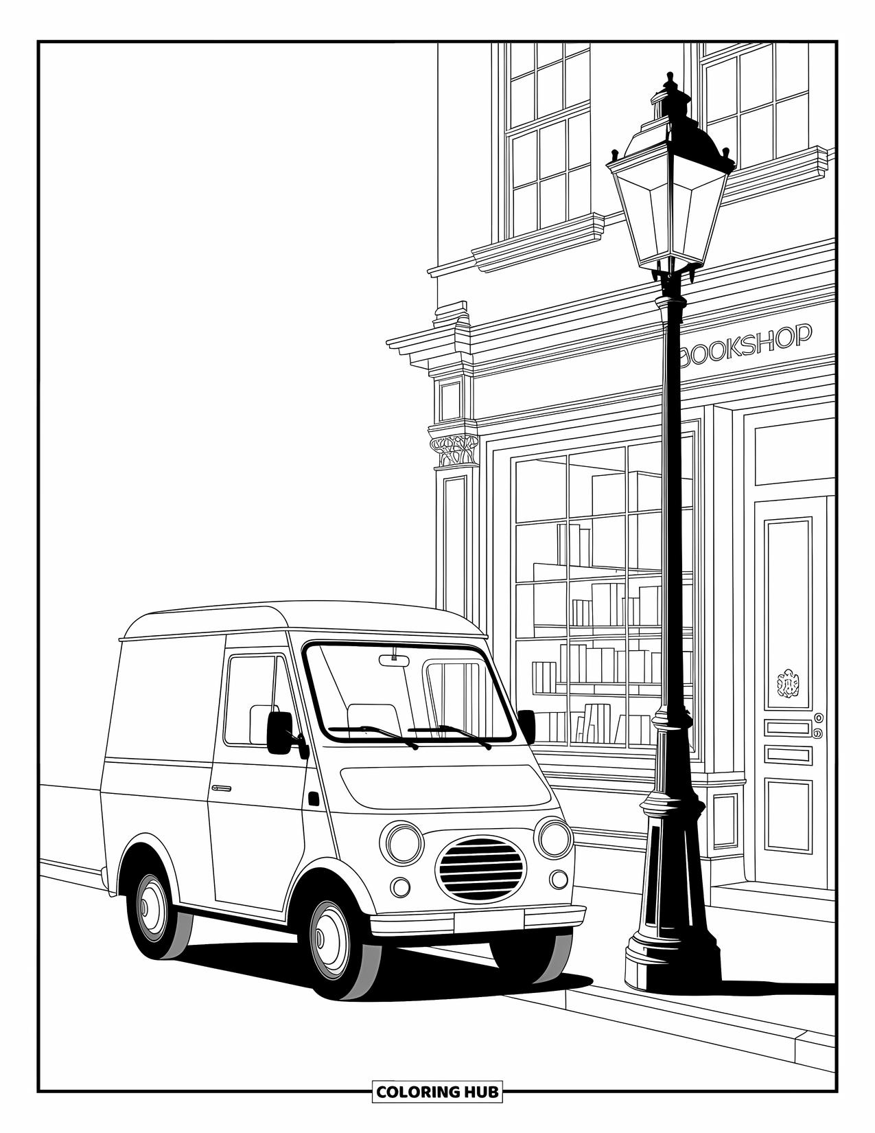 Car Coloring Page for Adults: A delivery van rests near a cozy bookshop and an old-fashioned lamppost