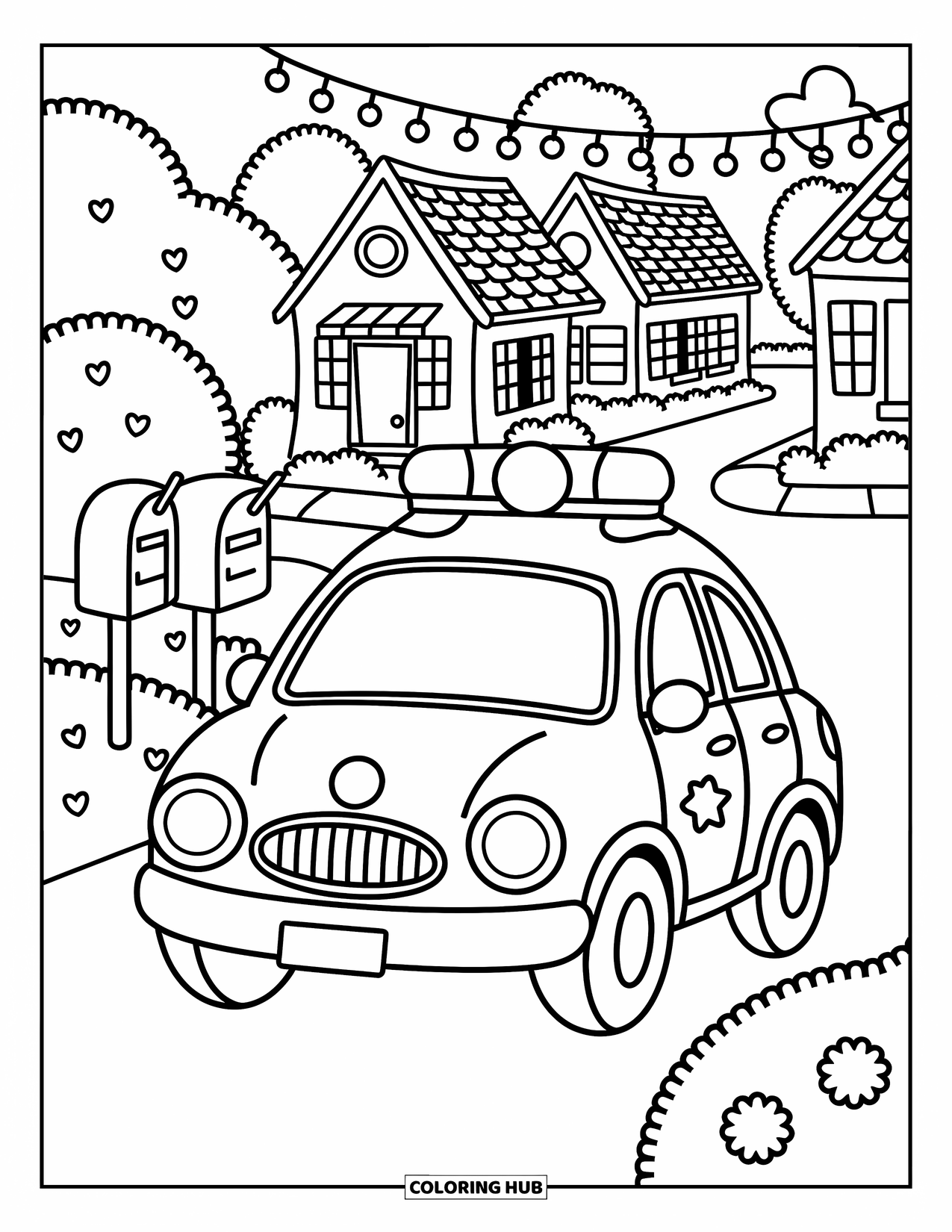 Car Coloring Page for Adults: A friendly police car drives through a cozy neighborhood lined with lanterns and mailboxes