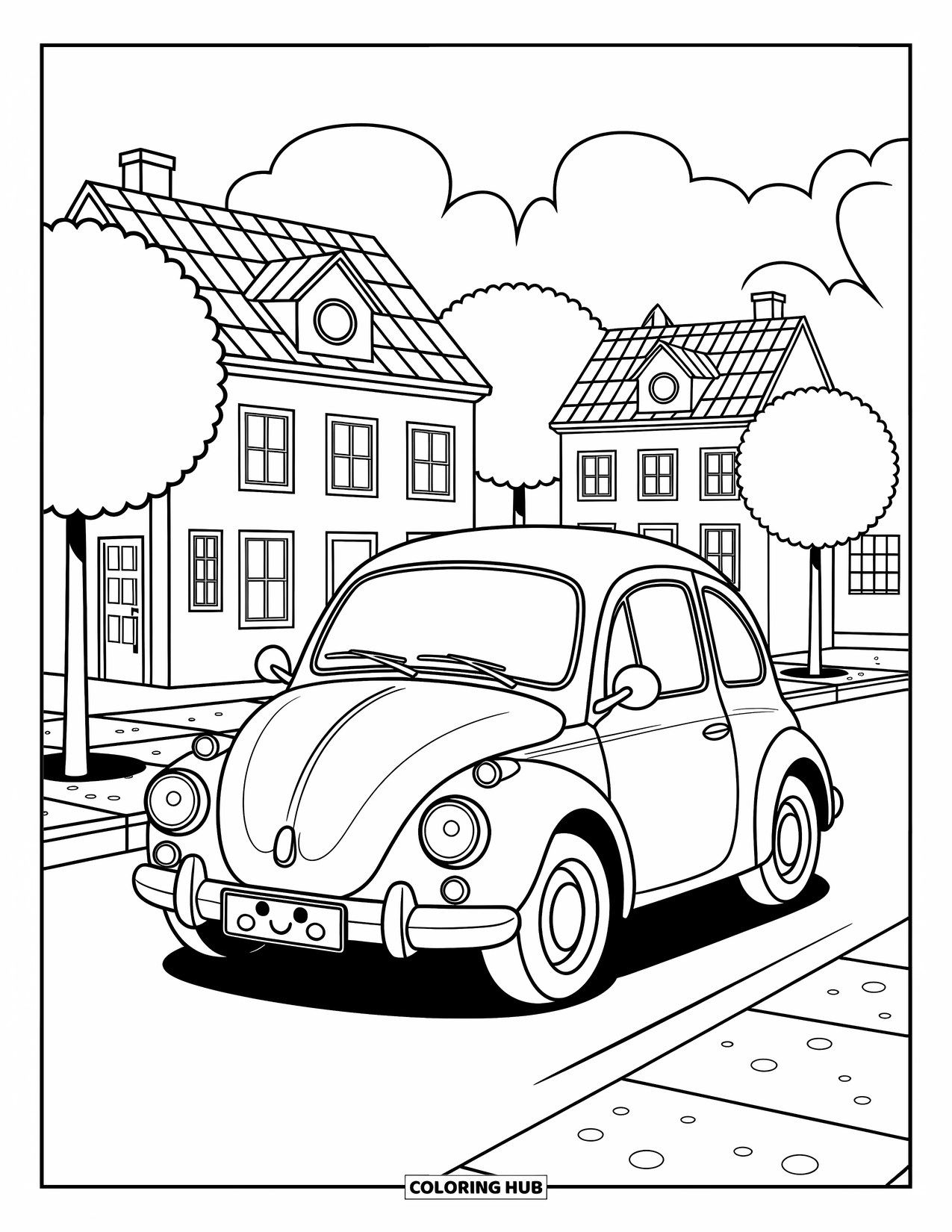Car Coloring Page for Adults: A happy car explores a round-town square filled with trees, buildings, and floating signs