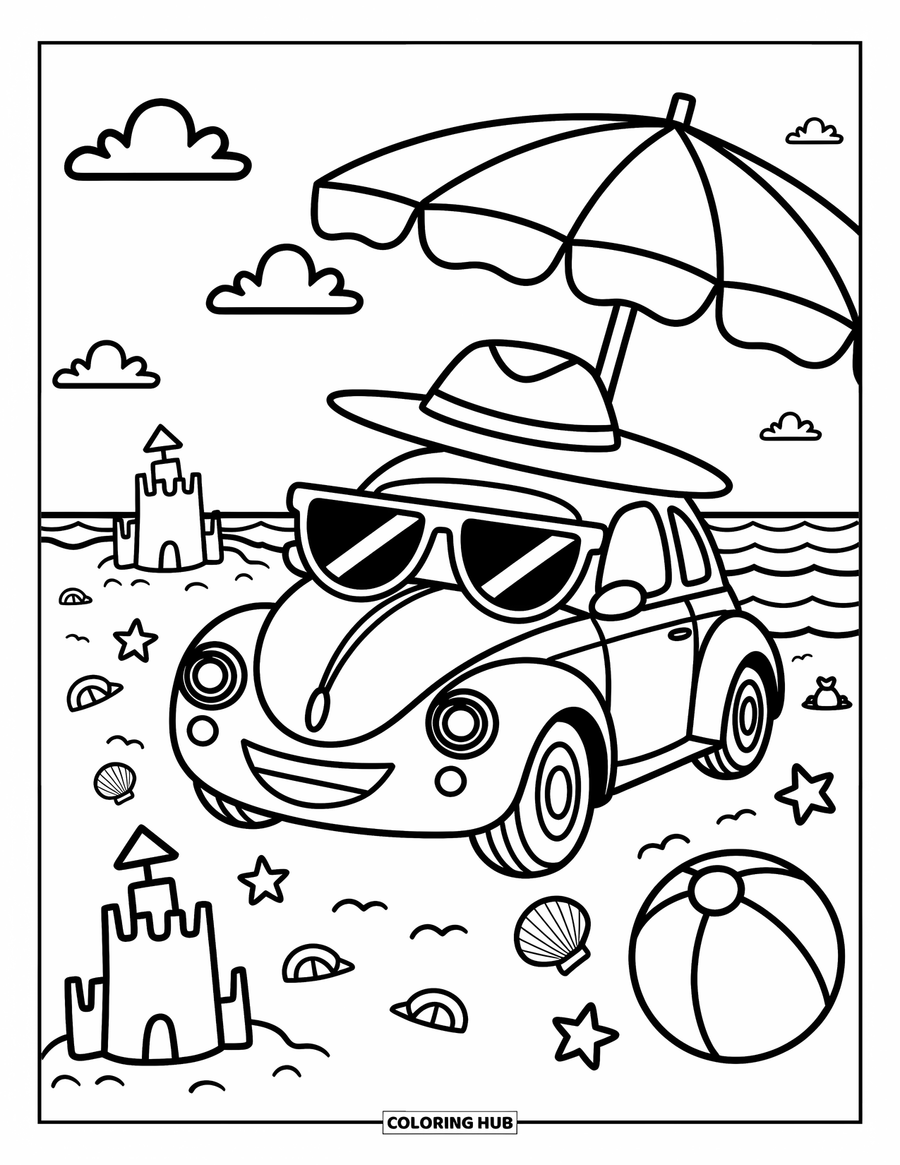 Car Coloring Page for Adults: A happy car lounges on the beach with sandcastles, seashells, and a beach ball nearby