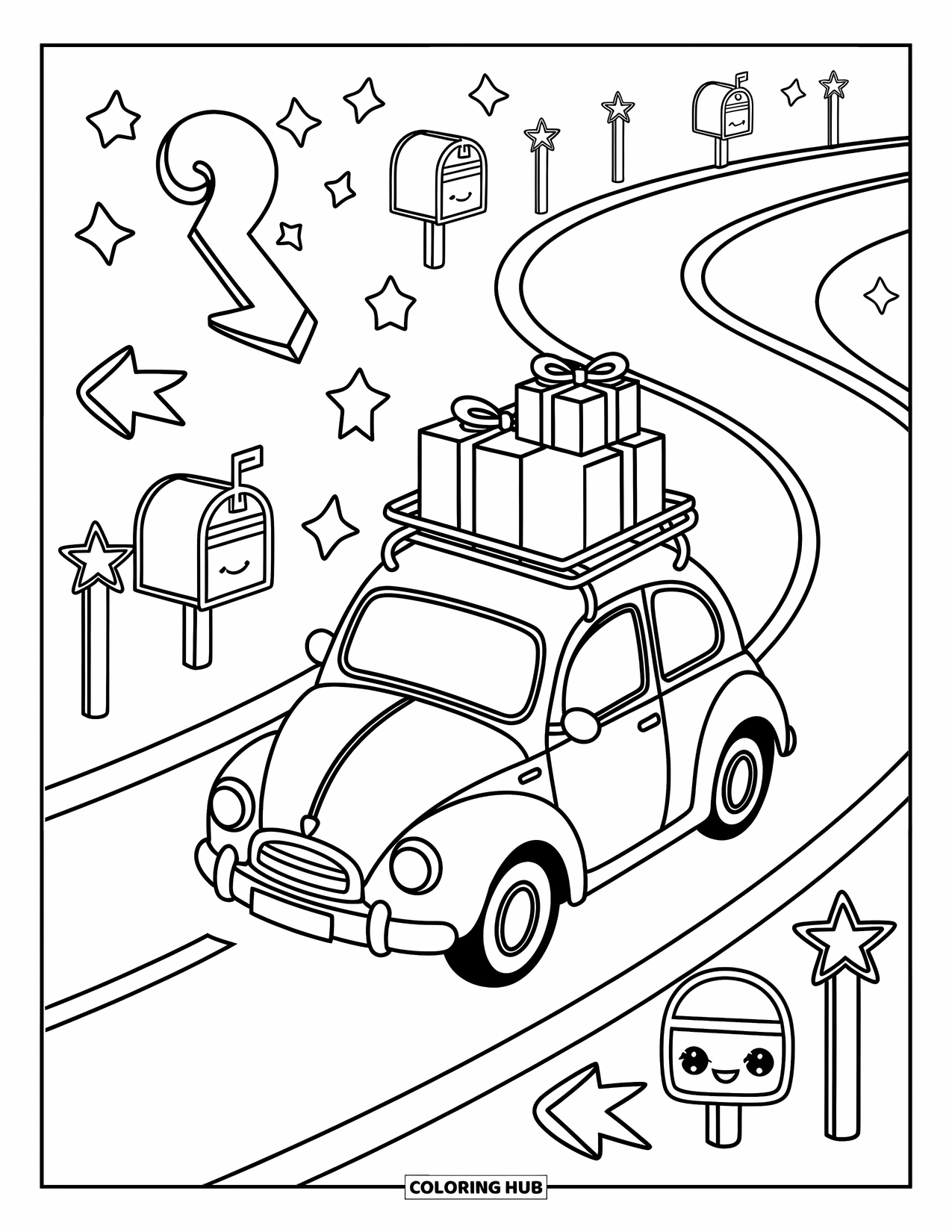 Car Coloring Page for Adults: A happy delivery car drives a winding road with gift boxes and magical street signs