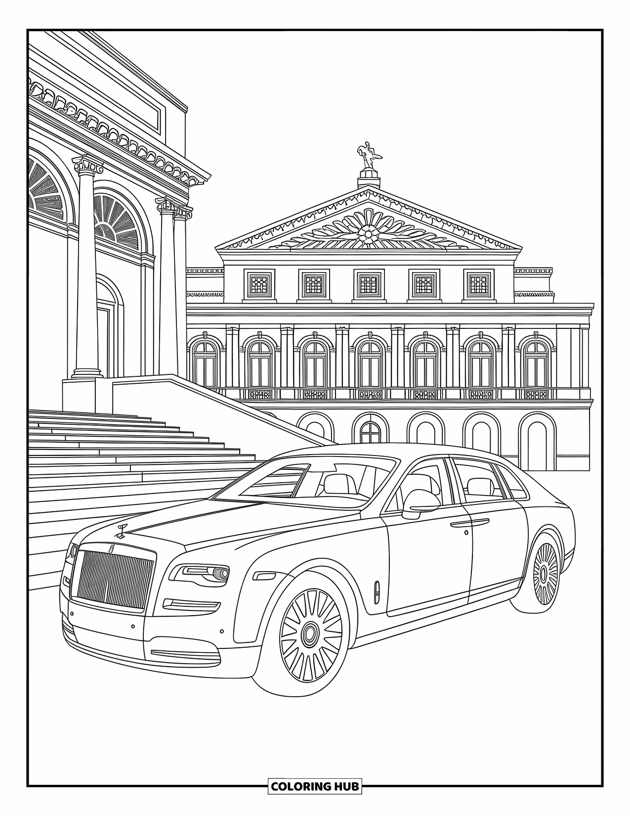 Car Coloring Page for Adults: A luxury sedan parked before a grand staircase and historic opera house