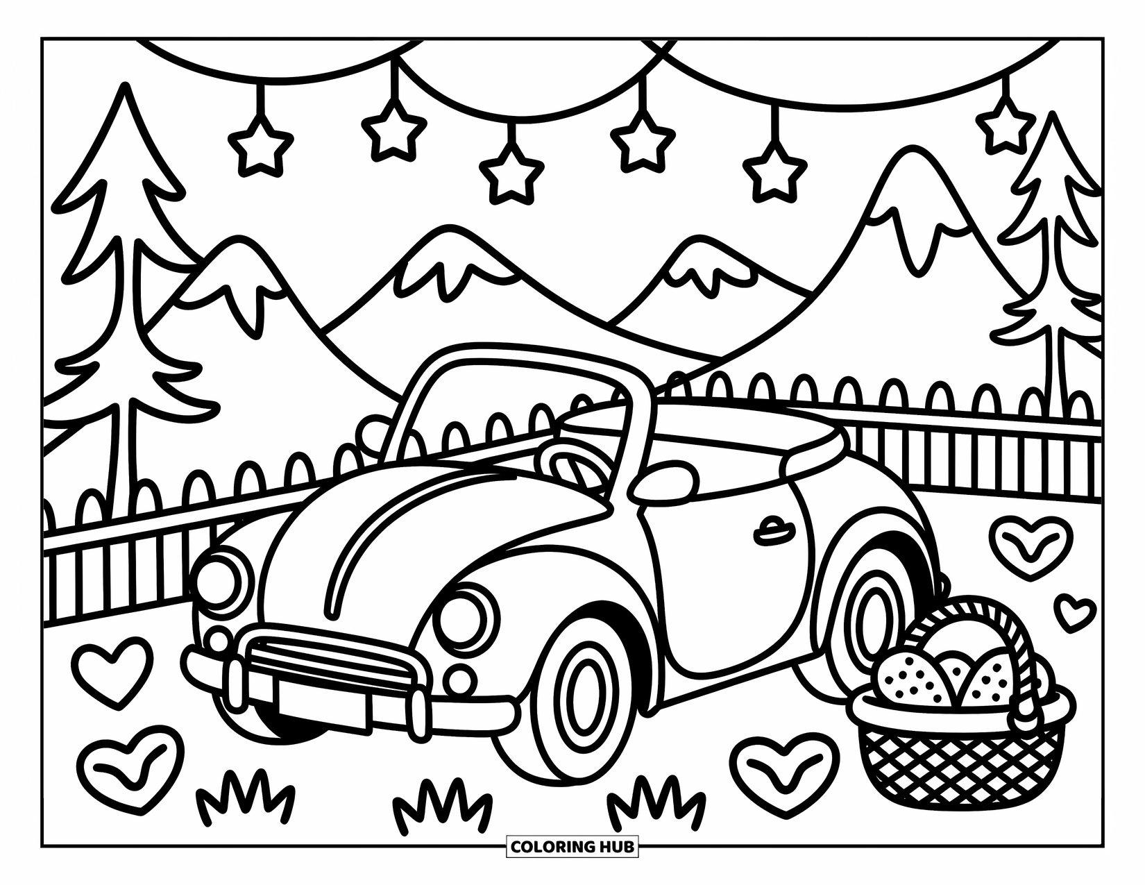 Car Coloring Page for Adults: A playful car rests by the mountains with a basket of heart-shaped sandwiches nearby