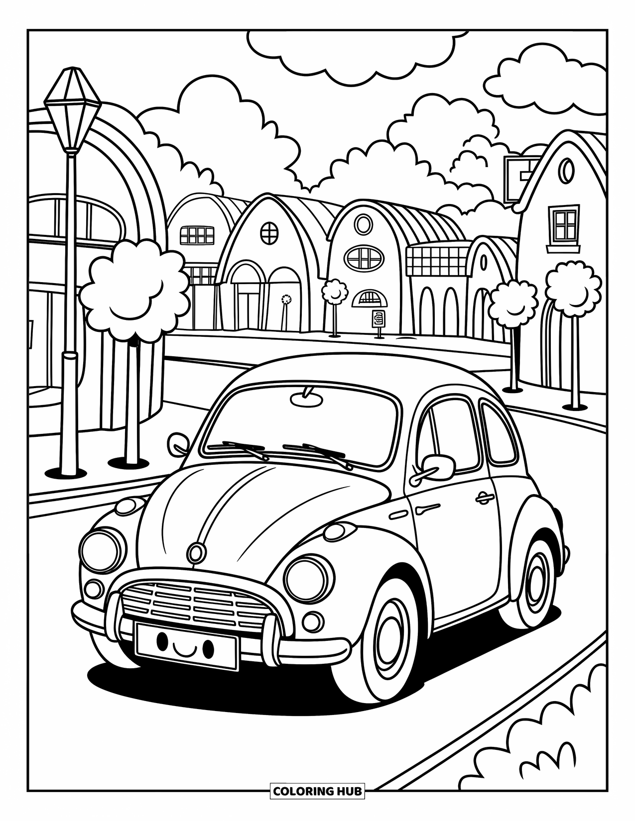 Car Coloring Page for Adults: A playful car rolls through a cozy town with smiling signs and fluffy trees