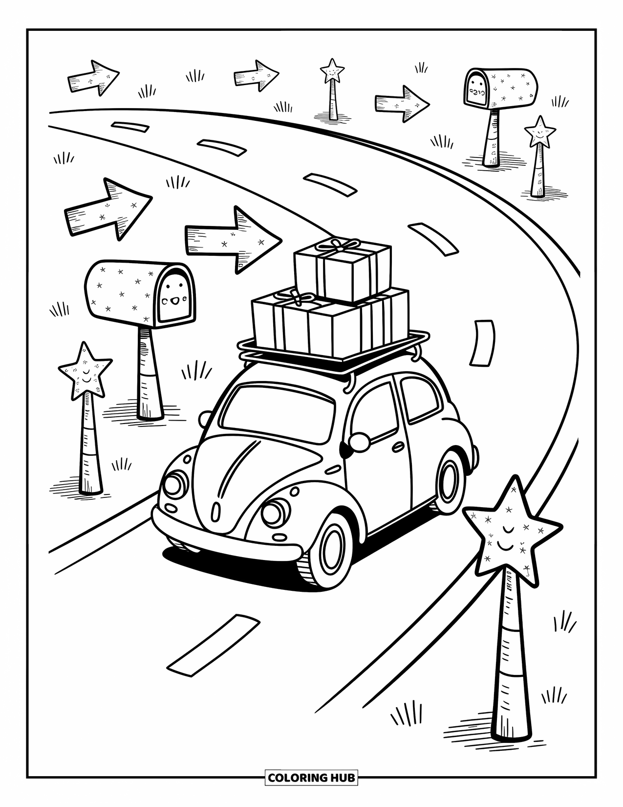 Car Coloring Page for Adults: A playful delivery car speeds past stars, arrows, and sparkly mailboxes with gifts on top